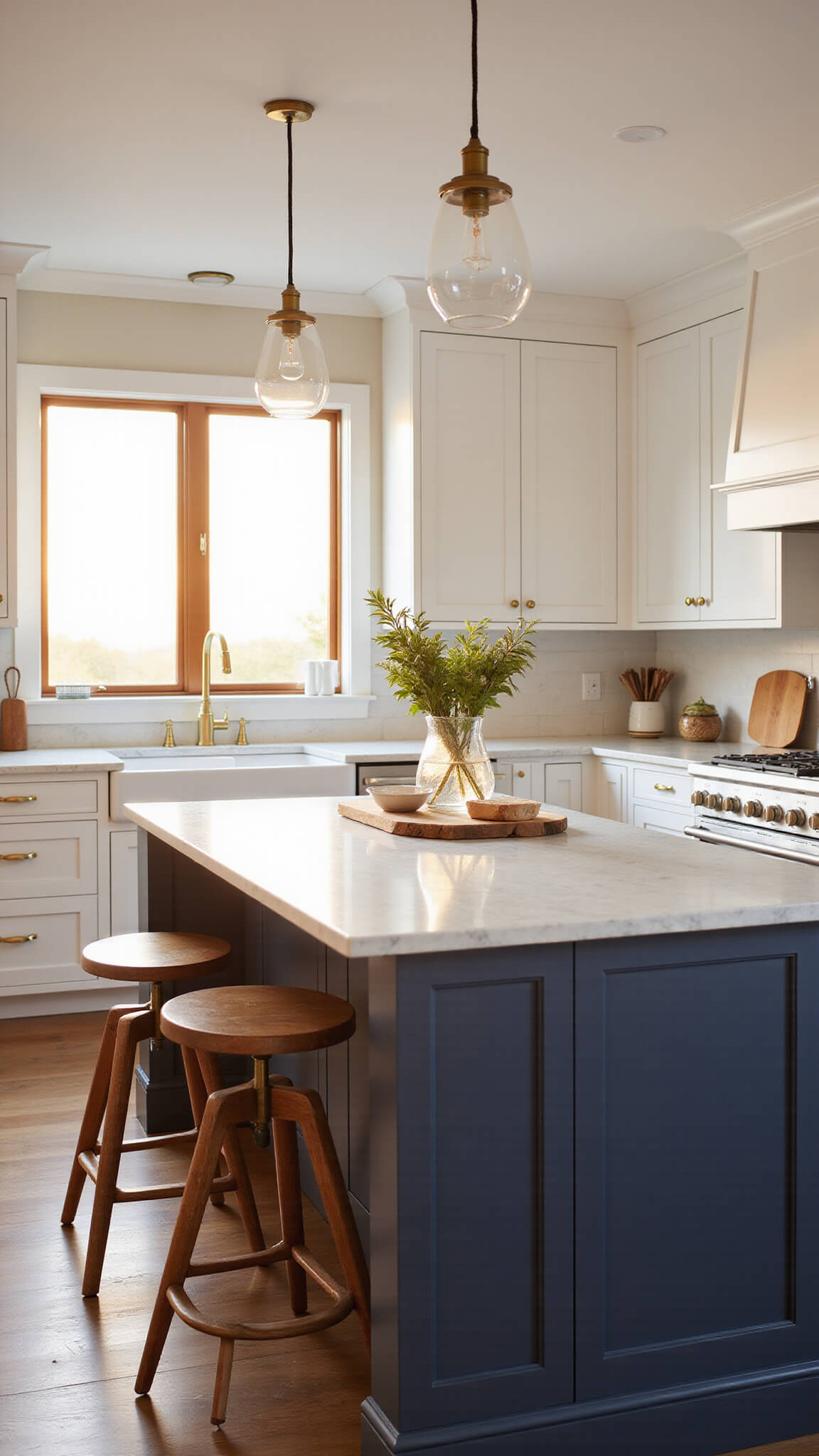 Warm sunset light fills a spacious modern Shaker kitchen with white cabinets, a navy island, brass hardware, and marble countertops, viewed from the entrance with a soft focus on the inviting island vignette.