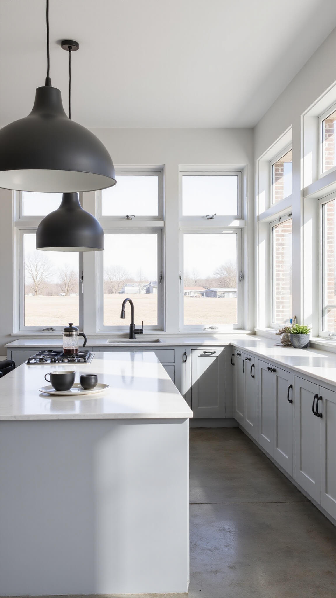 Minimalist morning kitchen with light gray Shaker cabinets, matte black accents, concrete floors, and early sunlight streaming through floor-to-ceiling windows.