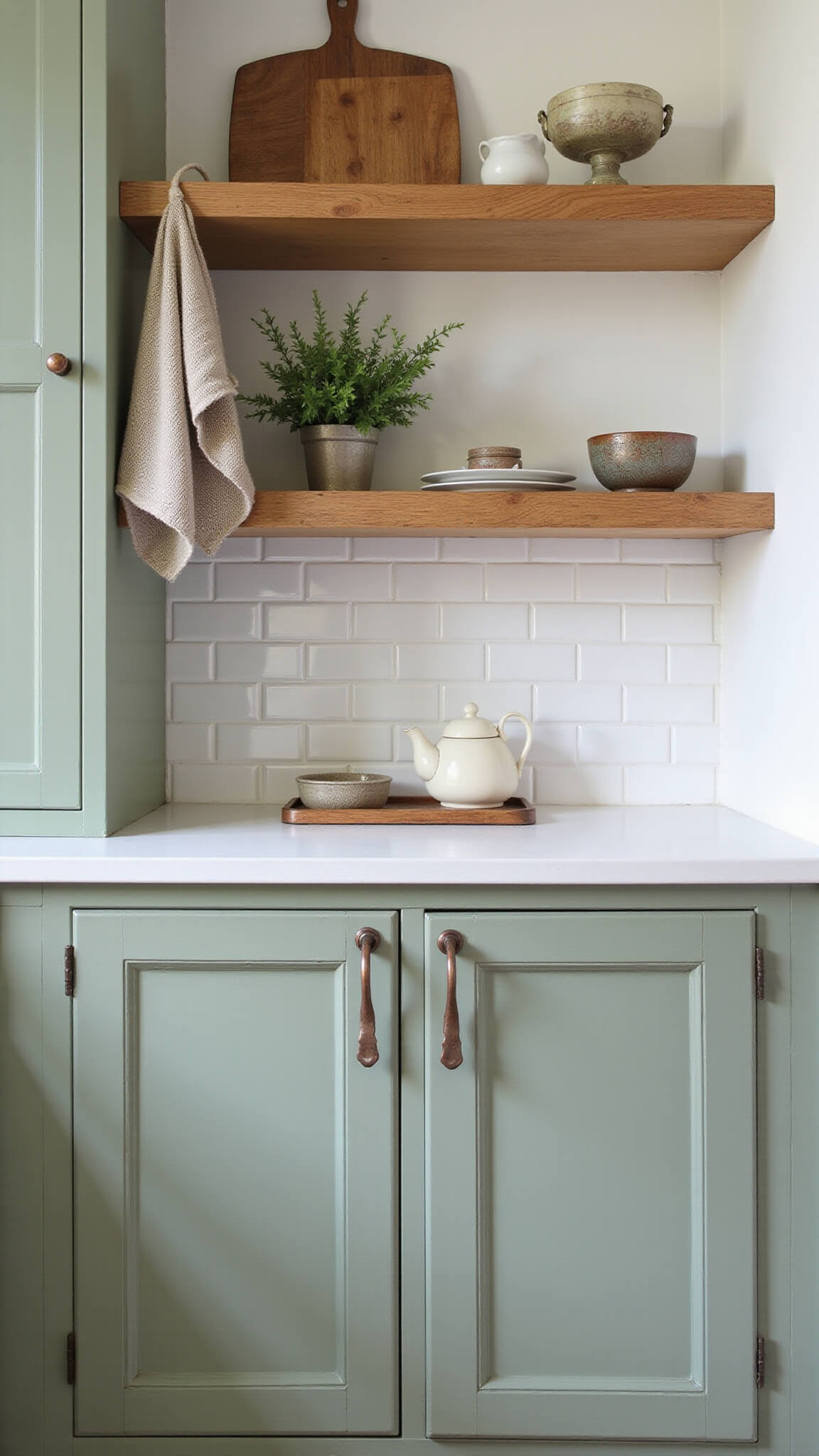 Close-up of sage green Shaker kitchen cabinets with aged copper handles, open shelving with pottery and cutting boards, white subway tile backsplash, potted herbs, and a linen tea towel in soft natural light.