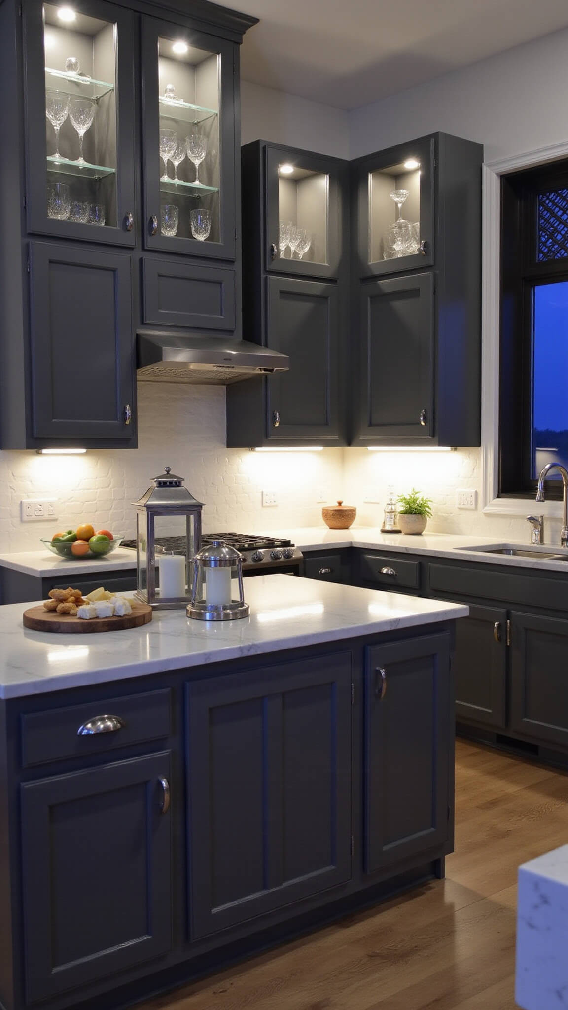L-shaped twilight kitchen with charcoal gray Shaker cabinets, illuminated glass-front uppers, white marble island, and ambient lighting creating a dramatic, inviting atmosphere.