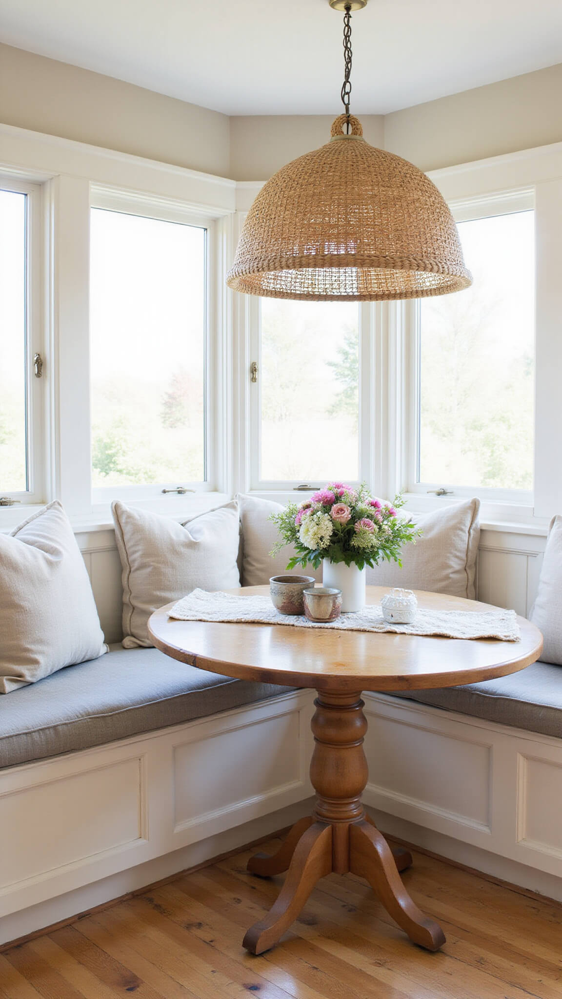 Sunlit breakfast nook with cream Shaker cabinets, built-in bench seating, round pedestal table, vintage decor, and hardwood floors.