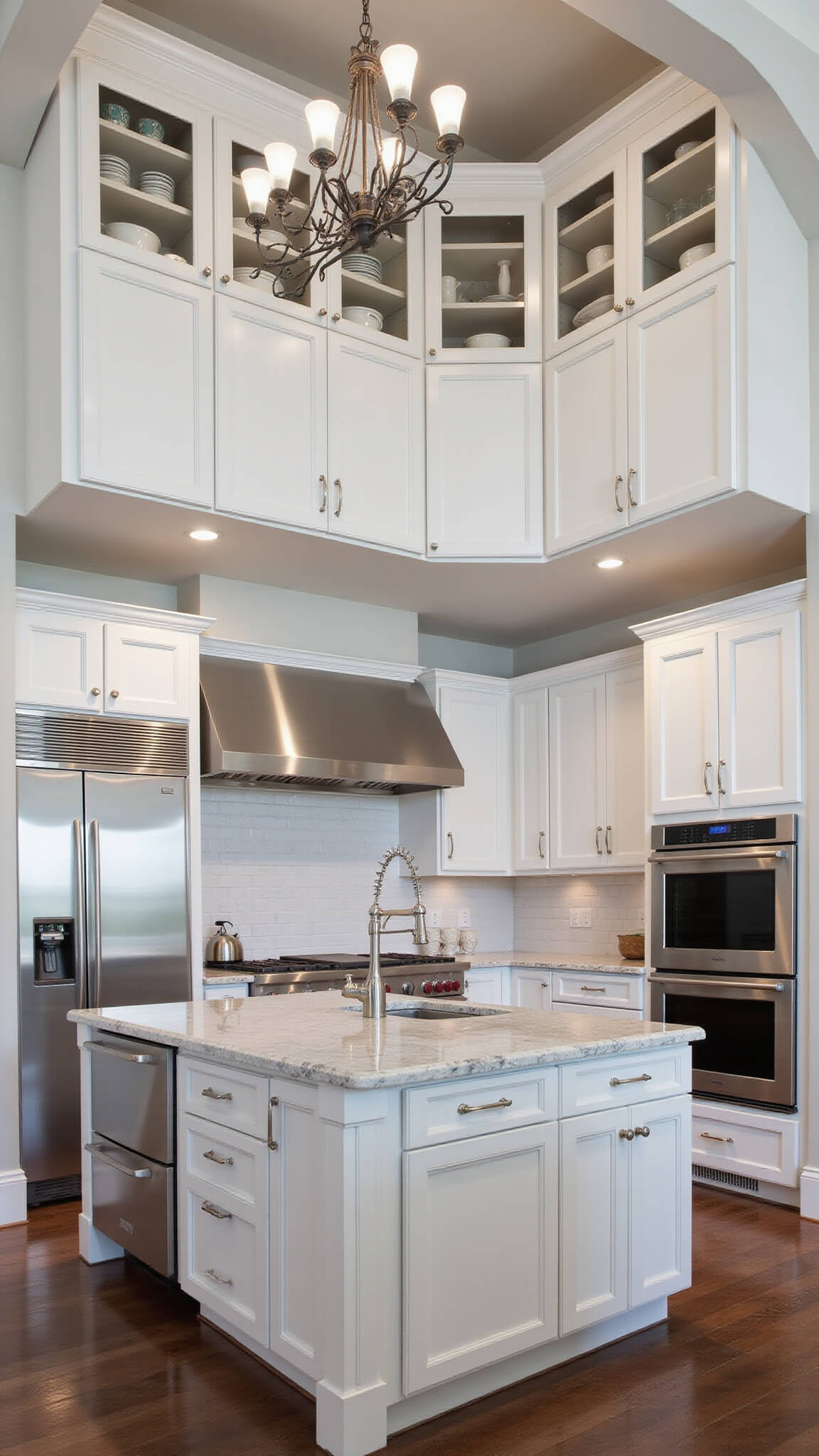 Professional chef's kitchen with tall white Shaker cabinets, stainless appliances, marble island, and hanging pot rack, viewed from above.