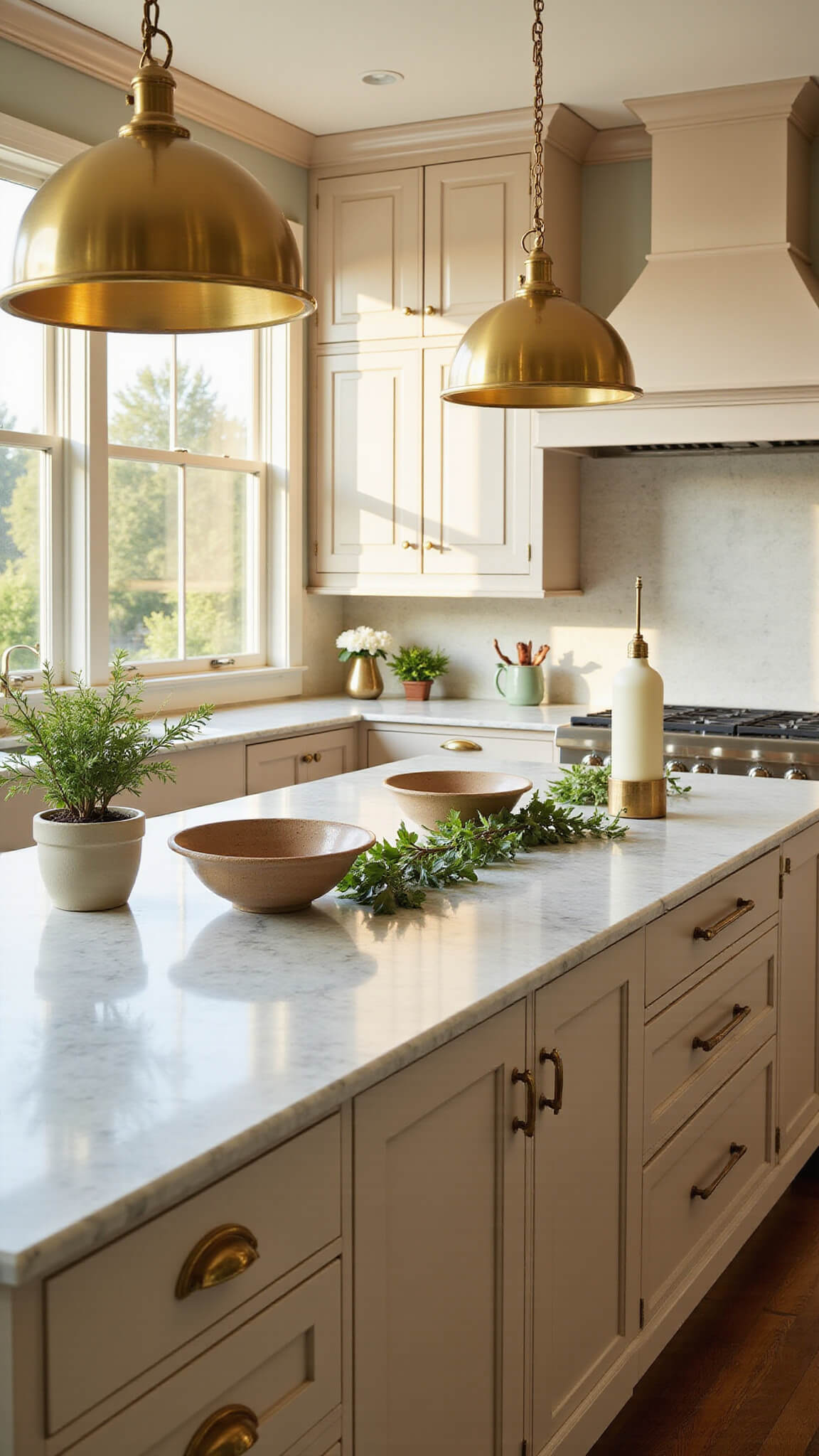 Transitional kitchen with beige shaker cabinets, marble island, brass accents, and golden hour sunlight streaming through west-facing windows.