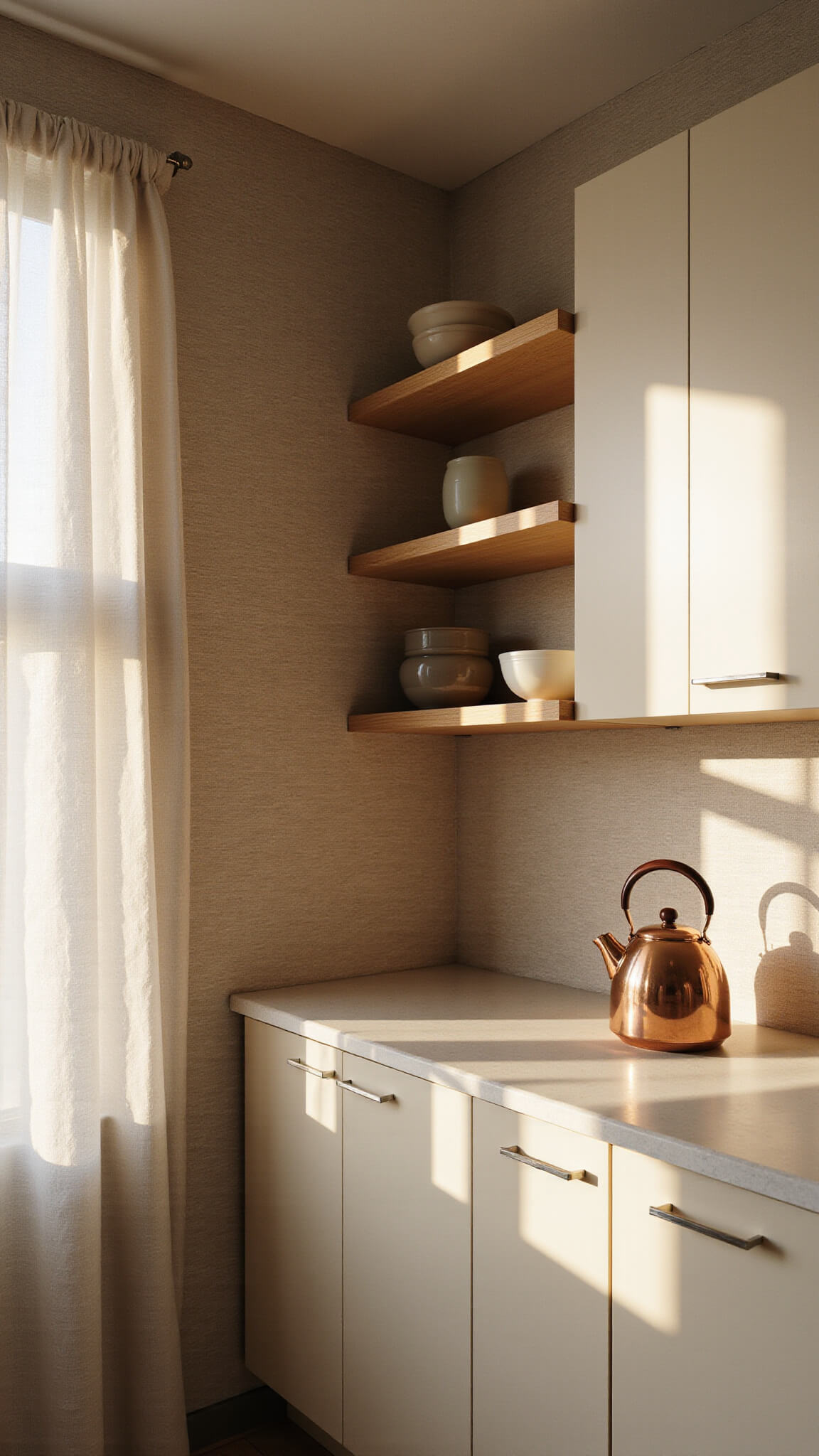 Minimalist corner kitchen at dawn with beige cabinets, floating wood shelves, earth-toned ceramics, and a copper kettle on cream quartz countertop in soft natural light.