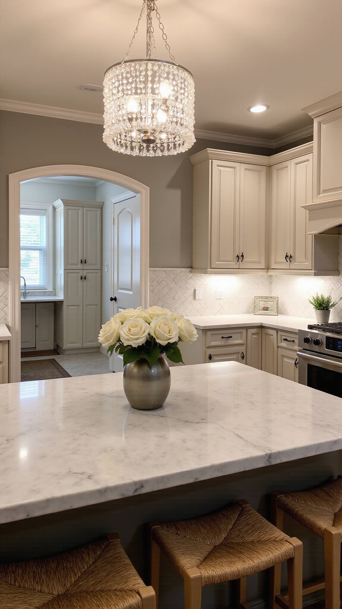 L-shaped traditional kitchen at dusk with beige cabinets, marble island, crystal chandelier, herringbone backsplash, and garden roses in mercury vase.