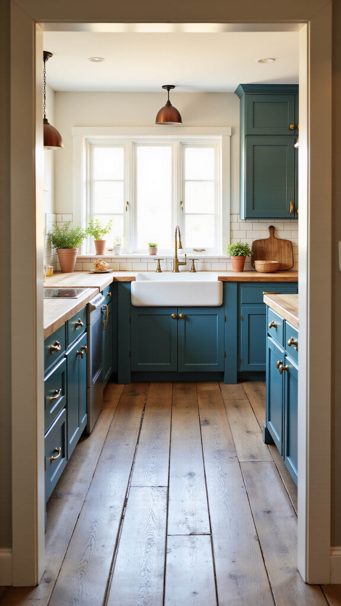 Modern farmhouse kitchen with teal Shaker cabinets, butcher block countertops, and golden hour sunlight streaming over oak floors and a central island with copper pendant lights.