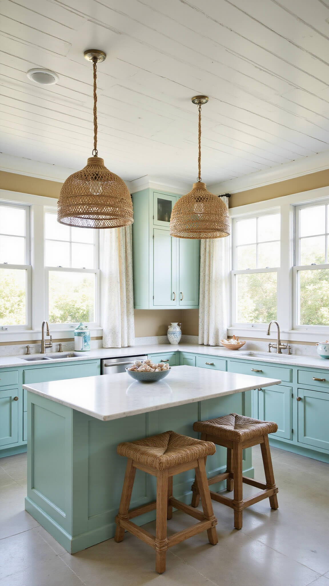 Coastal kitchen with seafoam-teal cabinets, white quartz countertops, rattan lighting, and seagrass accents in airy mid-morning light.
