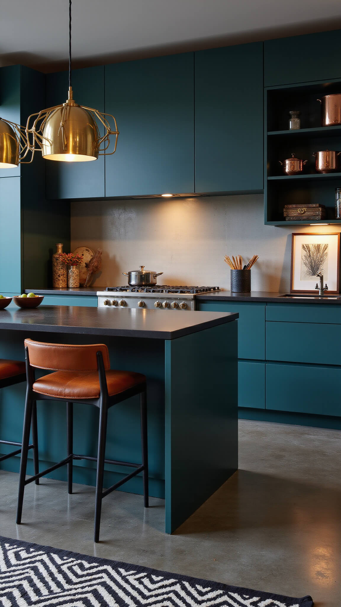 Moody urban kitchen with teal cabinets, brass lighting, cognac barstools, and copper accents at dusk.