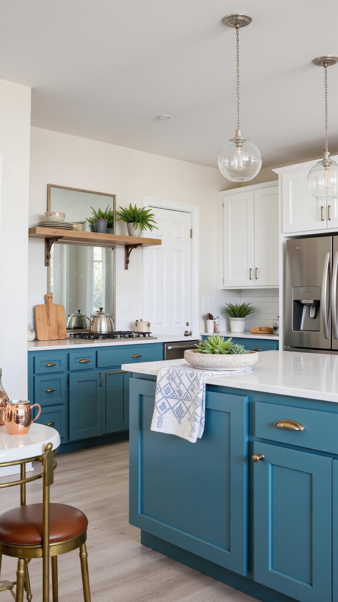 Elevated view of a 10x12ft galley kitchen with teal cabinets, white walls, stainless steel appliances, quartz countertops, and mirrored backsplash reflecting afternoon light.