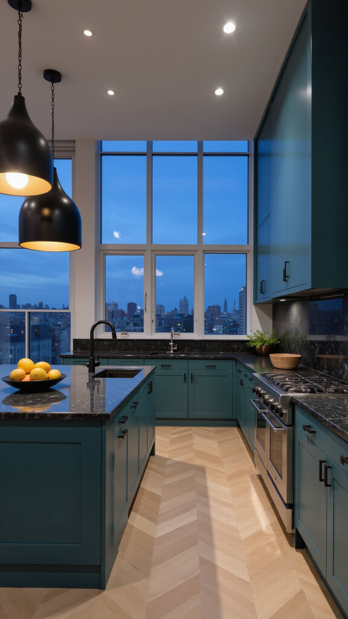 Contemporary 20x24ft kitchen at twilight with forest teal cabinets, black marble surfaces, black pendant lights over a 12ft island, white oak floors, and city views through floor-to-ceiling windows.