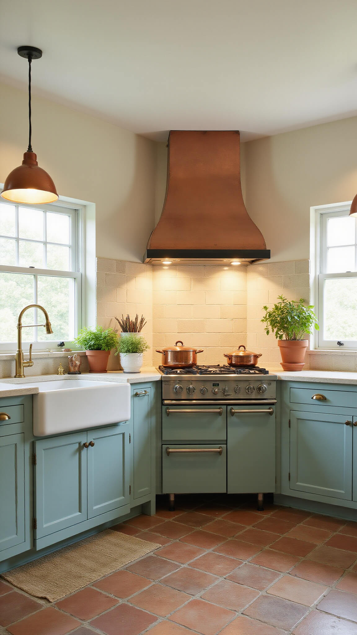 Cozy 13x16ft cottage kitchen with sage teal cabinets, cream walls, terracotta floors, and copper accents in warm morning light.