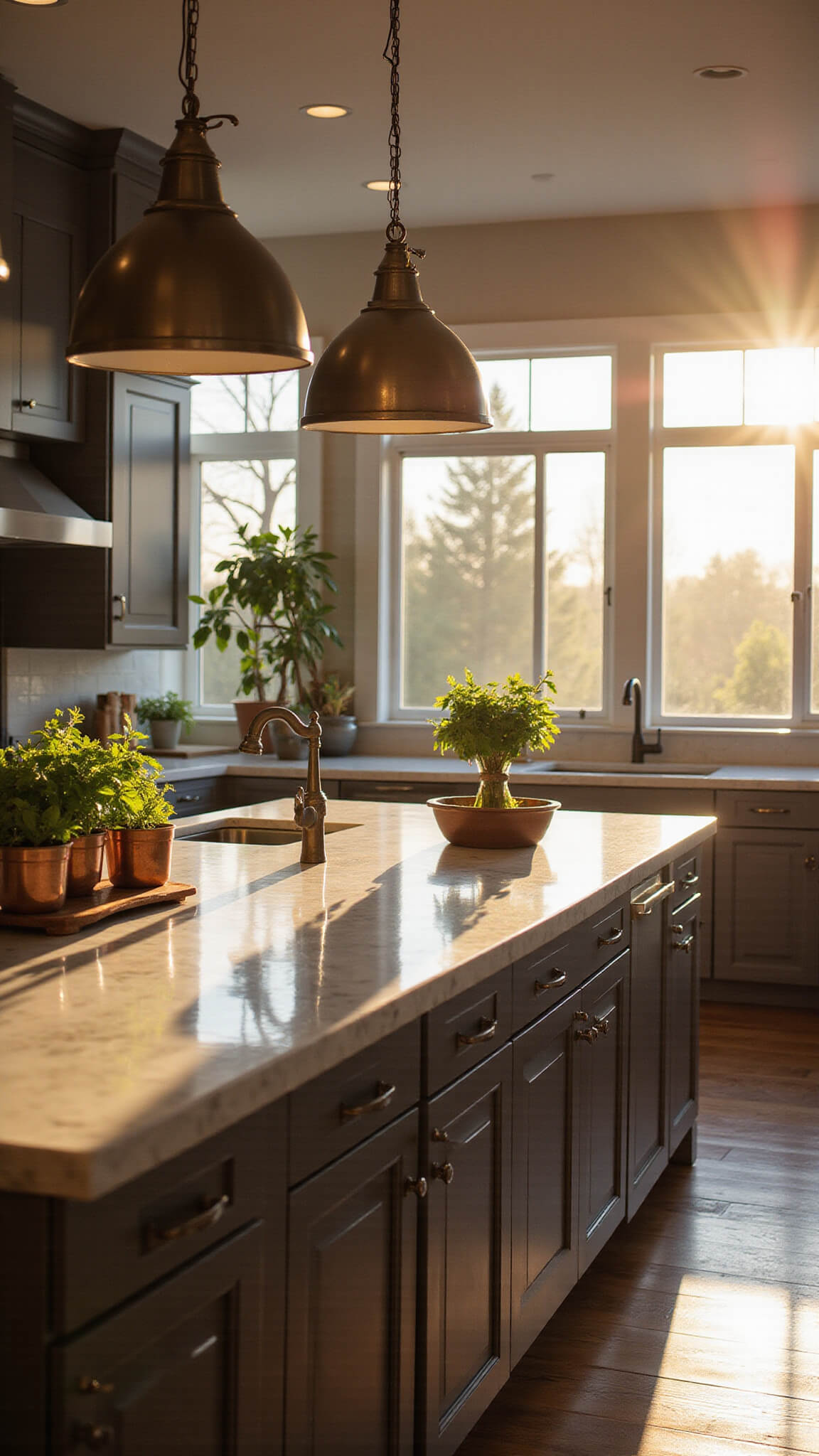 Modern sunlit kitchen with espresso cabinets, Carrara marble countertops, waterfall island, and stainless steel appliances, viewed at golden hour.