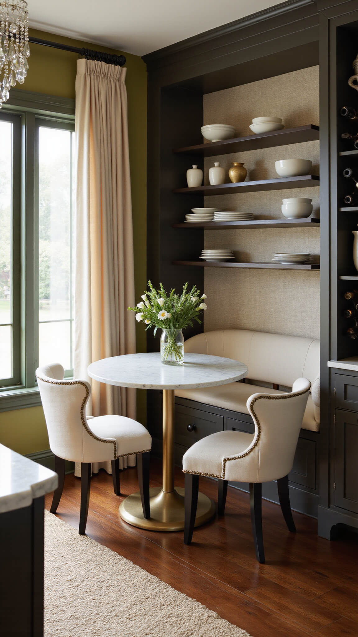Transitional kitchen breakfast nook at dawn with espresso cabinets, olive green walls, cream chairs around a brass-trimmed table, and soft light filtering through sheer curtains.
