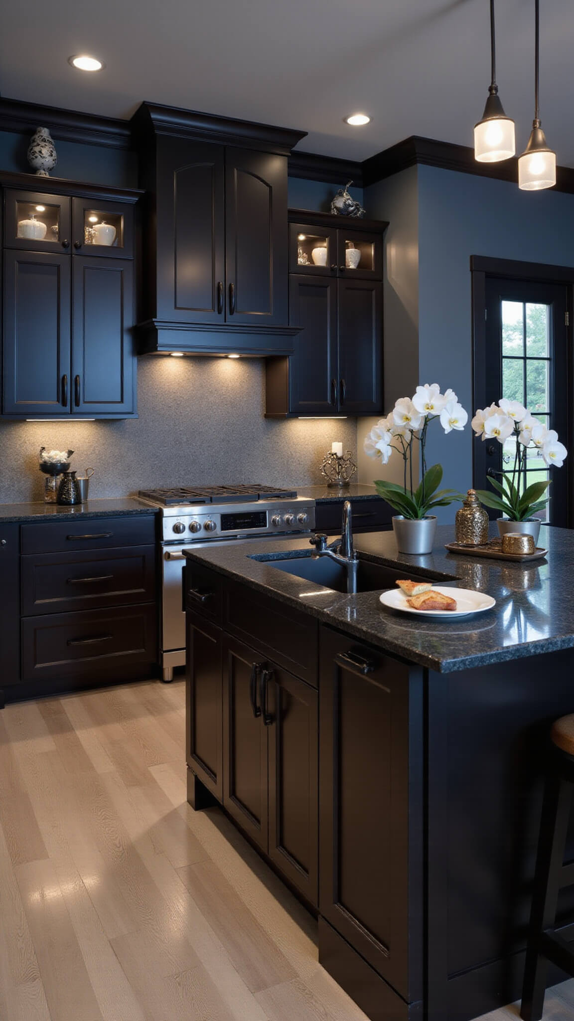 Twilight kitchen with espresso cabinets, dark granite island, moody lighting, and modern decor in open-concept space.