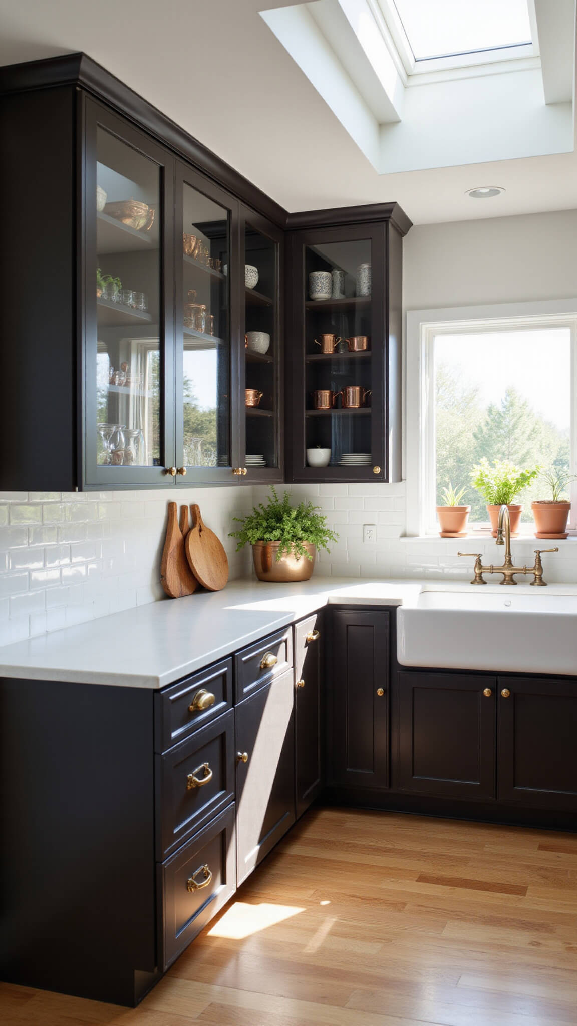 Bright L-shaped kitchen with 9ft espresso cabinets, white quartz countertops, farmhouse sink under window, bronze hardware, and glass-front display cases illuminated by skylights.