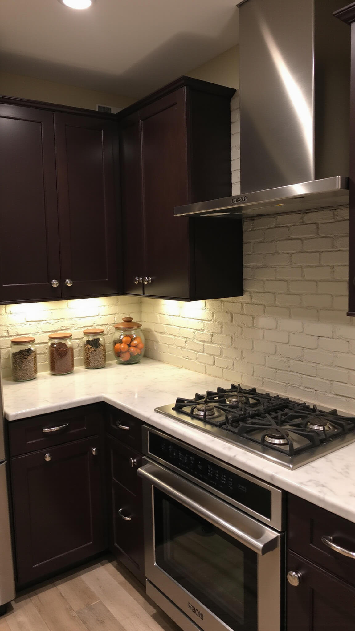 Cozy evening chef's kitchen with espresso cabinets, stainless steel appliances, cream brick wall, marble countertops, and warm under-cabinet lighting.