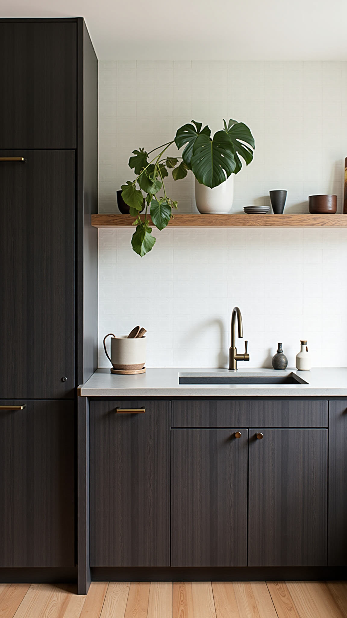 Minimalist 10x12ft kitchen with espresso cabinets, concrete countertops, brass fixtures, and floating shelf against white subway tiles, lit by afternoon side light.