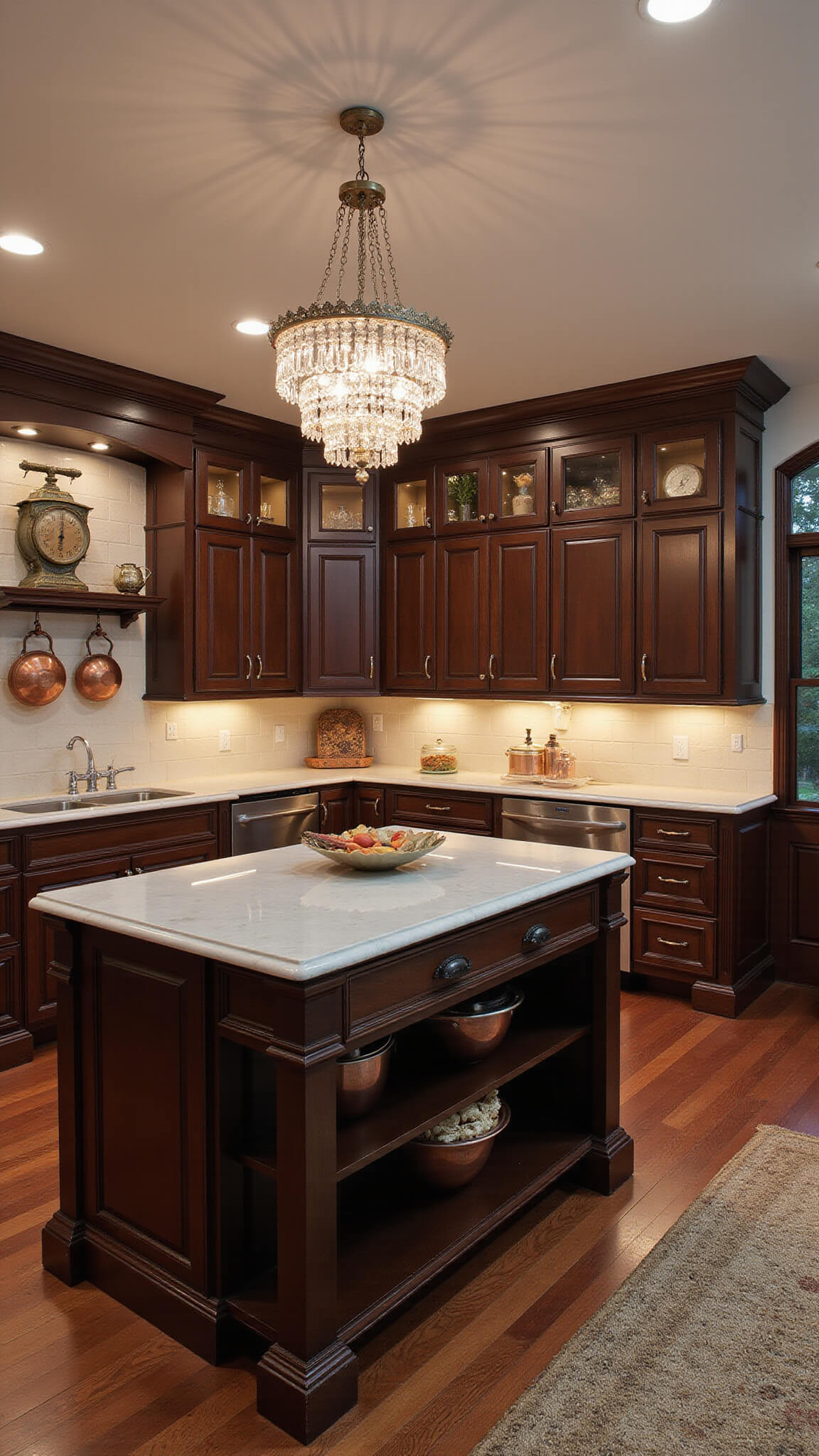 Cozy 14x18ft kitchen at dusk with espresso cabinets, marble island, crystal chandelier, hanging copper pots, vintage accents, and warm wooden floors.