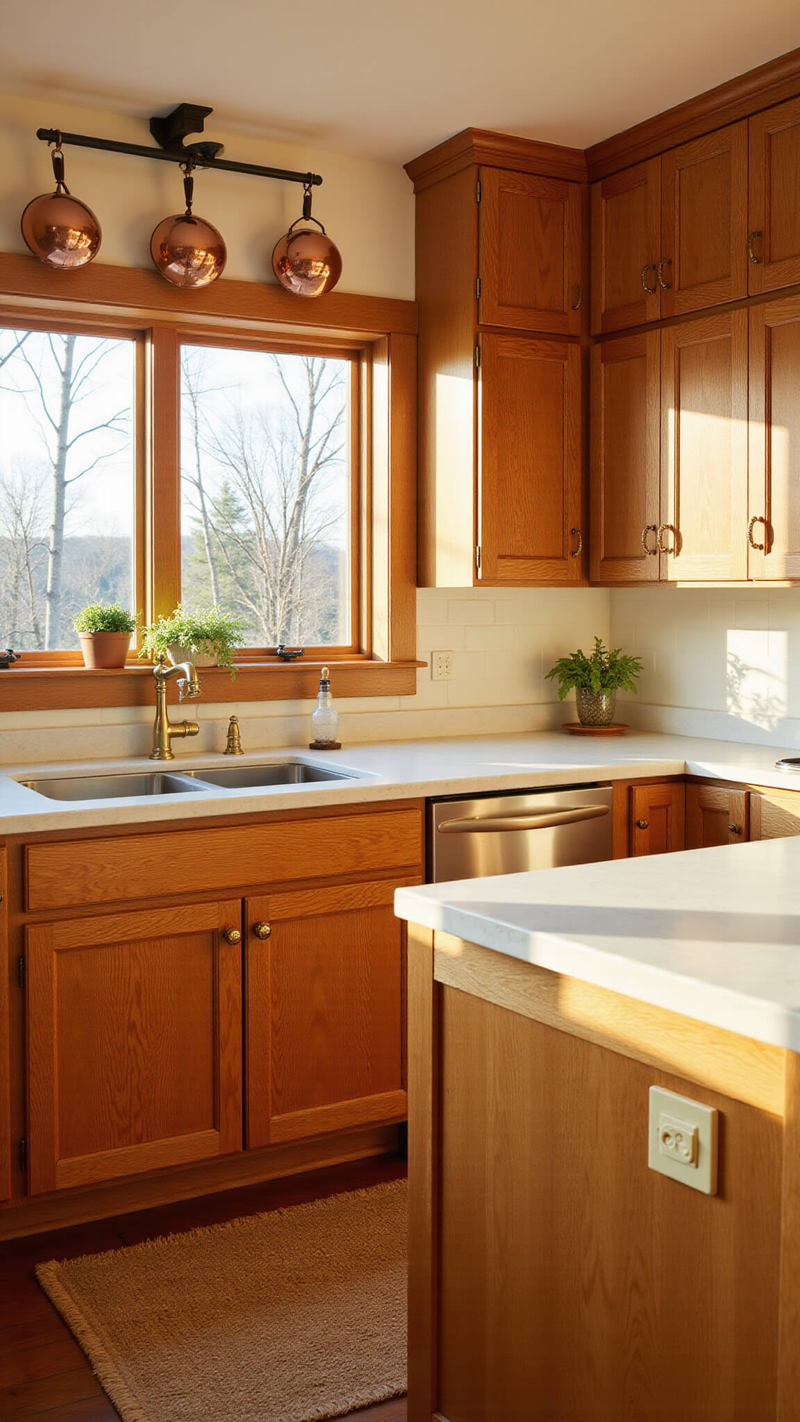 Sunlit kitchen with honey oak cabinets, cognac-stained island, limestone countertops, ceramic backsplash, hanging copper pots, and potted herbs on the windowsill at golden hour.