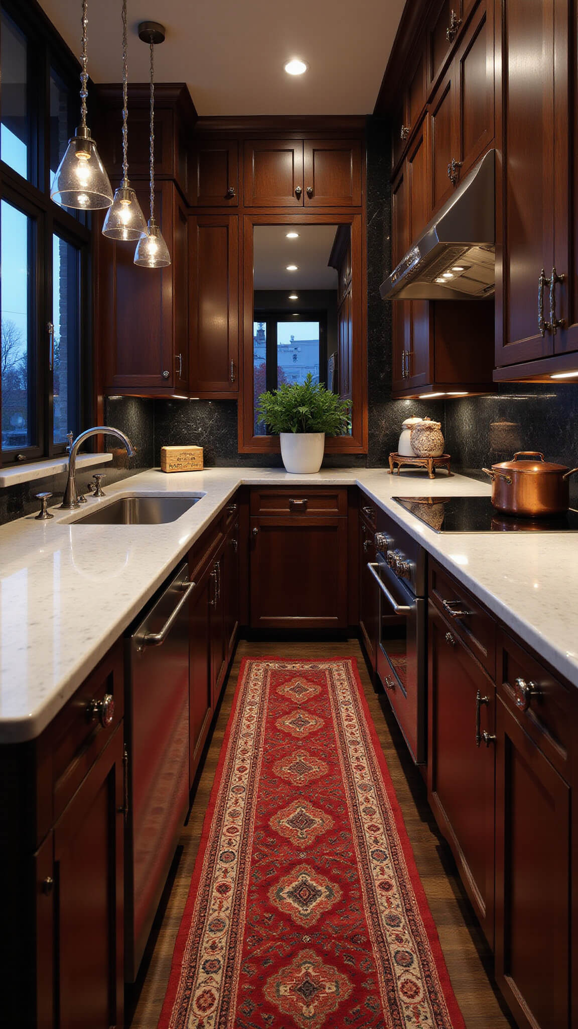 Moody galley kitchen with cherry cabinets, marble countertops, mirrored backsplash, crystal knobs, copper cookware, and oriental runner under pendant lighting at dusk.