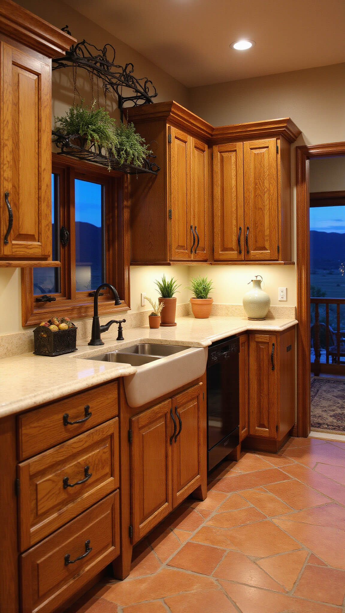 Mediterranean-style kitchen with knotty alder cabinets, terracotta tile floor, cream stone counters, and warm lighting during blue hour.