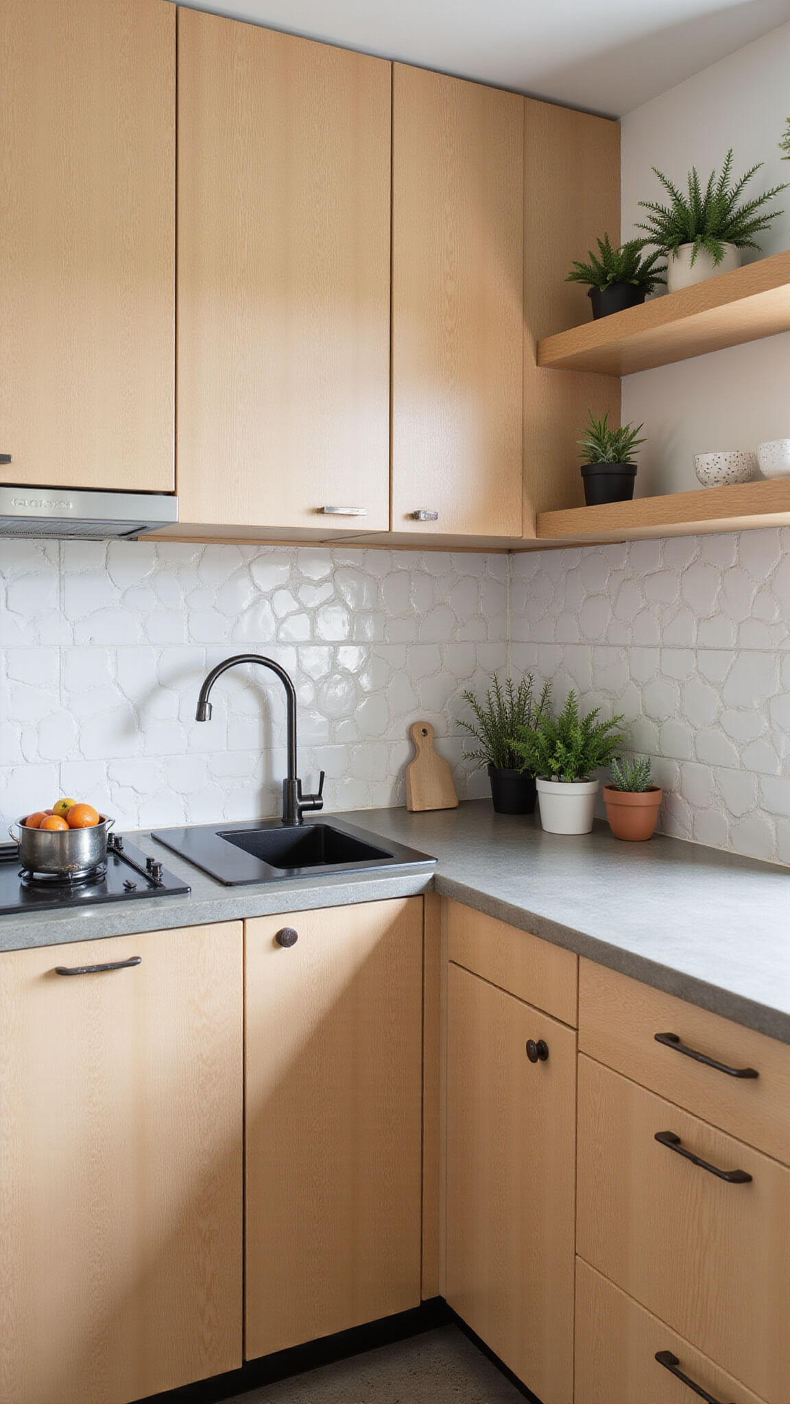 High-angle view of a compact 12'x12' urban kitchen with natural birch cabinets, concrete countertops, geometric tile backsplash, floating shelves, and Scandinavian decor in bright natural daylight.