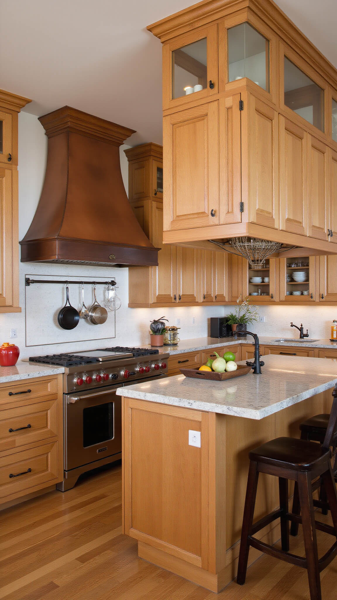 Luxury chef's kitchen at sunrise with honey oak and walnut cabinets, marble counters, copper hood, and fresh produce, viewed from double-height entry.
