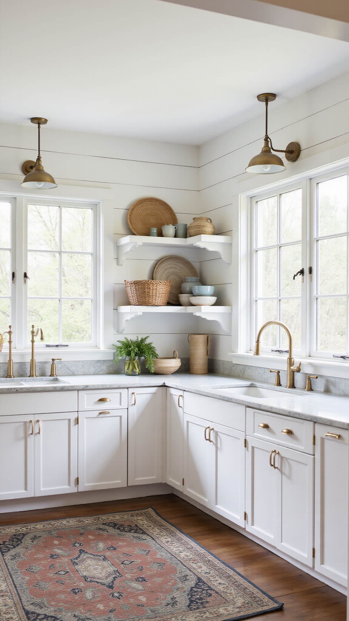 Bright modern farmhouse kitchen with white shiplap walls, marble island, brass pendant lights, and vintage runner in natural morning light.
