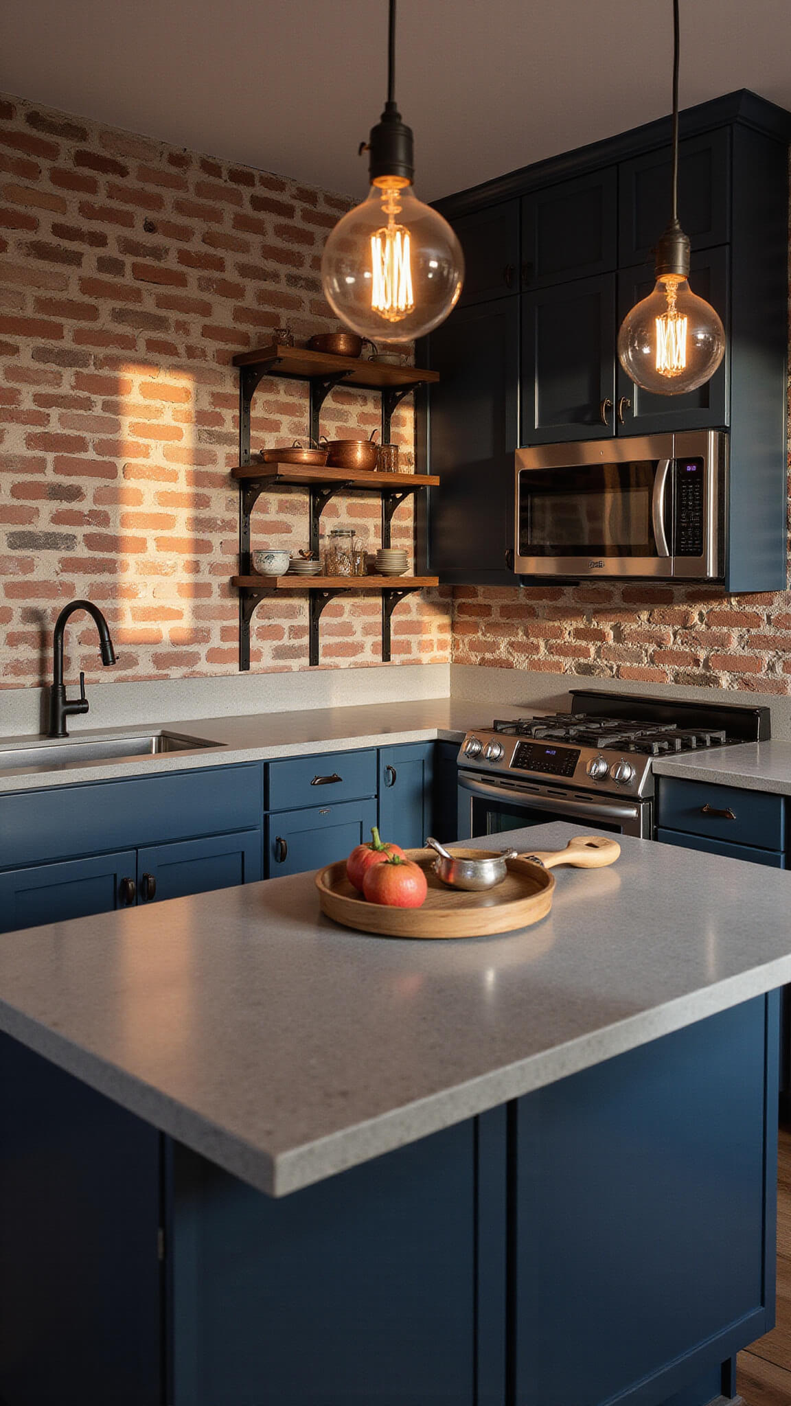 Industrial-style kitchen with navy cabinets, exposed brick wall, stainless appliances, and copper cookware on black metal shelves, lit by Edison chandelier in warm golden-hour light.