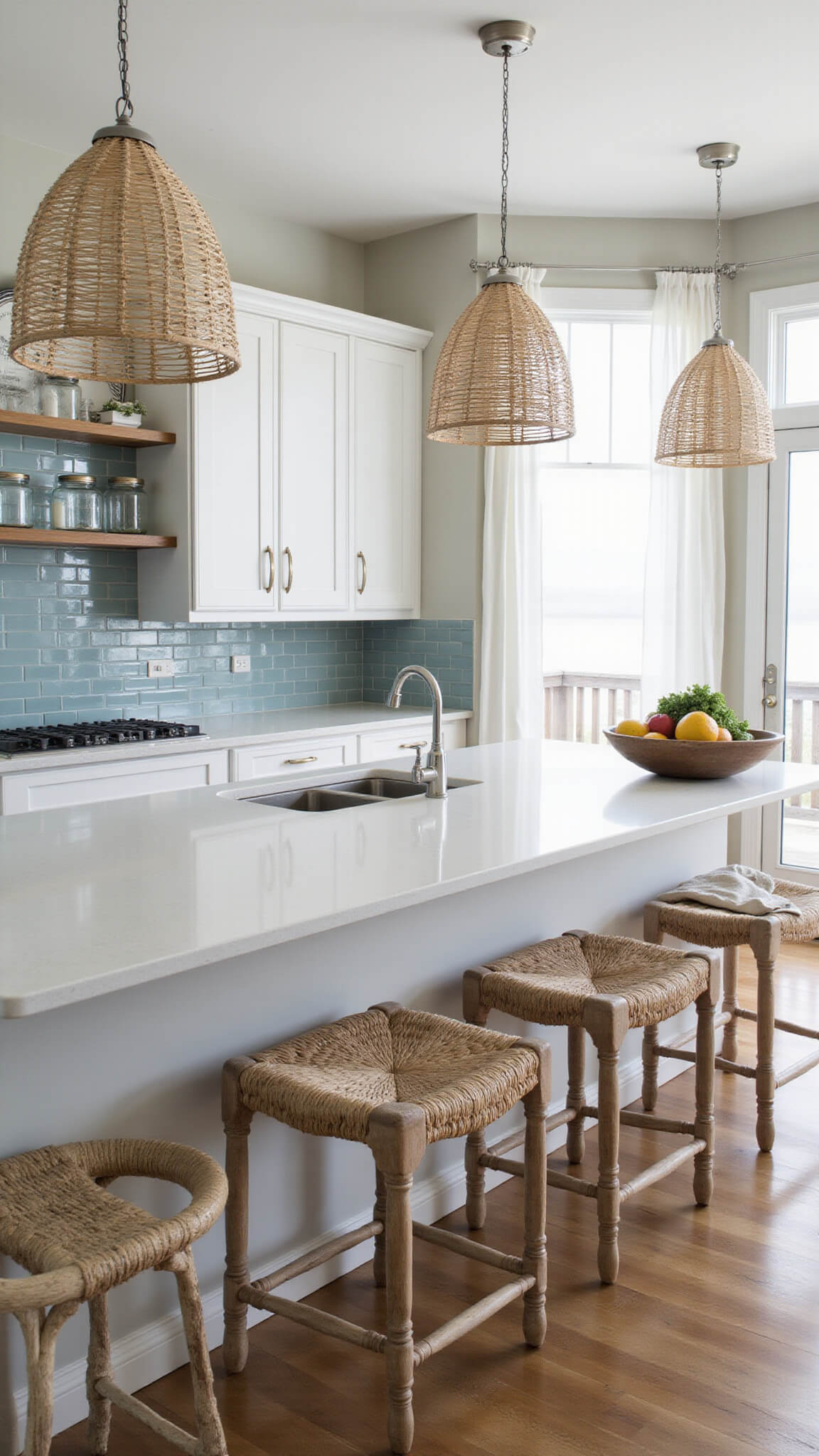 Coastal kitchen with light-filled space, Coastal Path cabinets, white quartz countertops, rattan lights, seagrass stools, and blue-grey backsplash tiles.