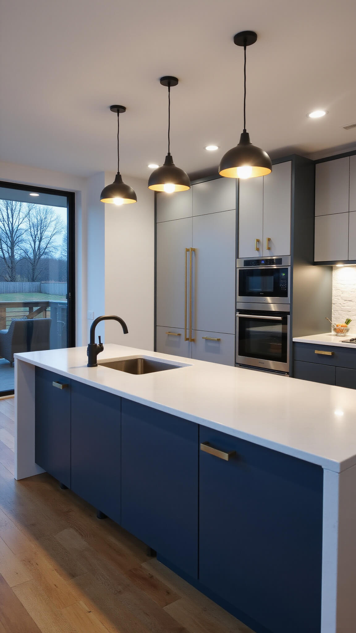 Modern 11x13ft kitchen at dusk with Silver Satin upper and Hale Navy lower cabinets, white quartzite waterfall island, brass hardware, black matte faucet, and minimalist lighting in mixed warm and cool tones.