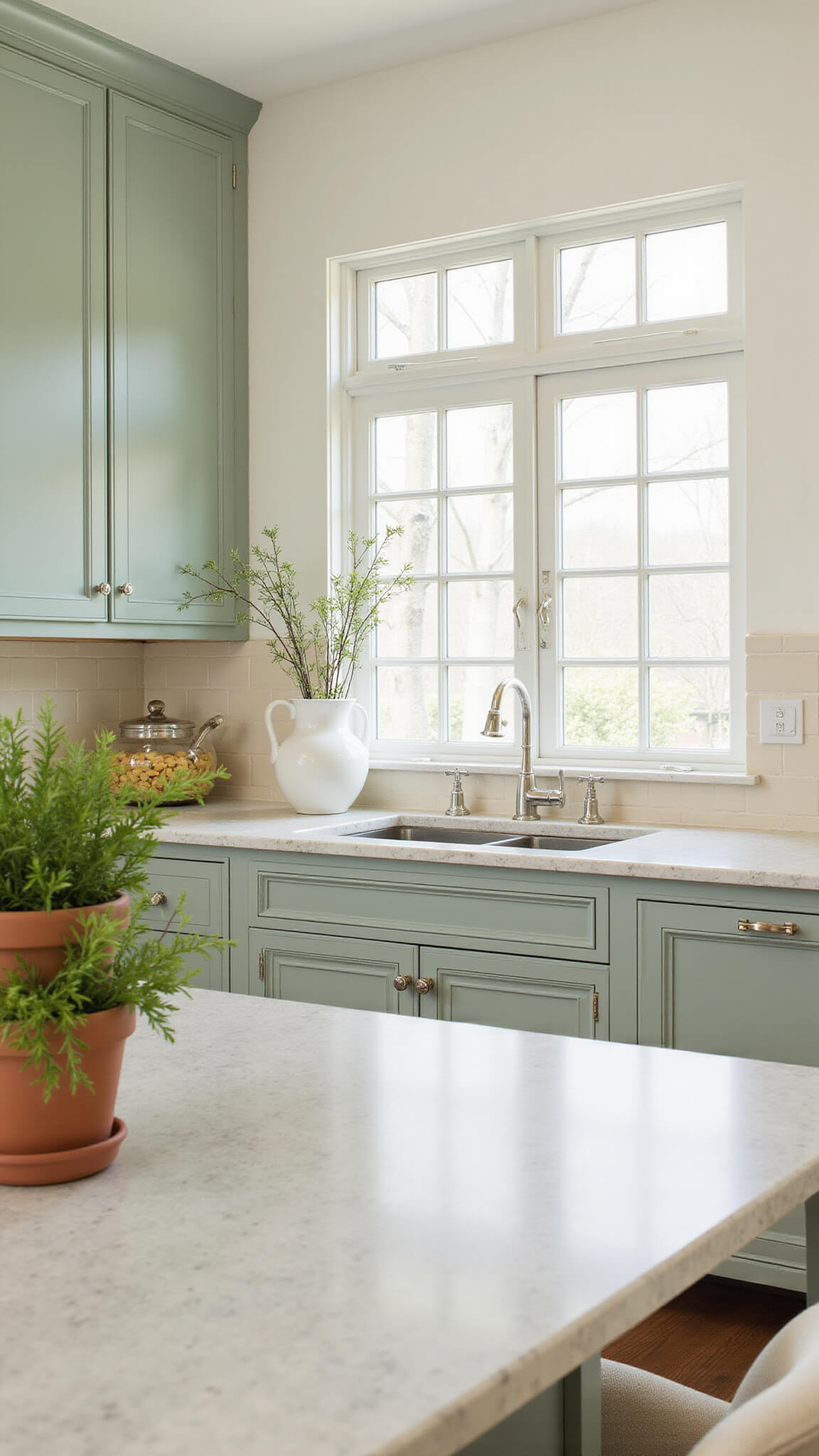 Spring-themed kitchen with sage cabinets, cream subway tile, marble countertops, and morning light streaming through window wall; herbs and blooming branches add fresh, organic touches.