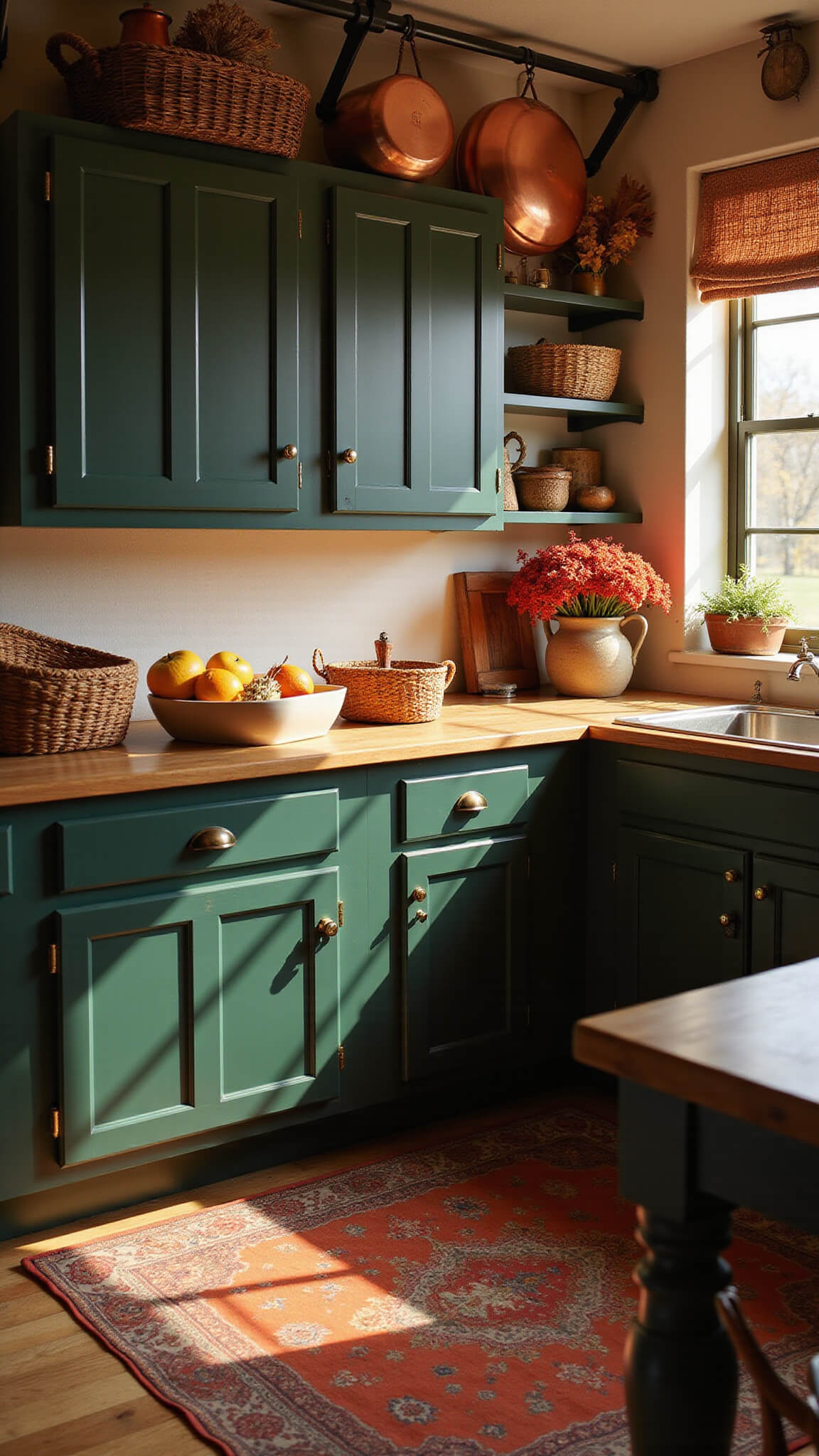 Cozy fall harvest kitchen with forest green cabinets, butcher block countertops, copper pots hanging from ceiling rack, dried flowers in woven baskets, and a vintage burnt orange rug, bathed in warm golden afternoon light.