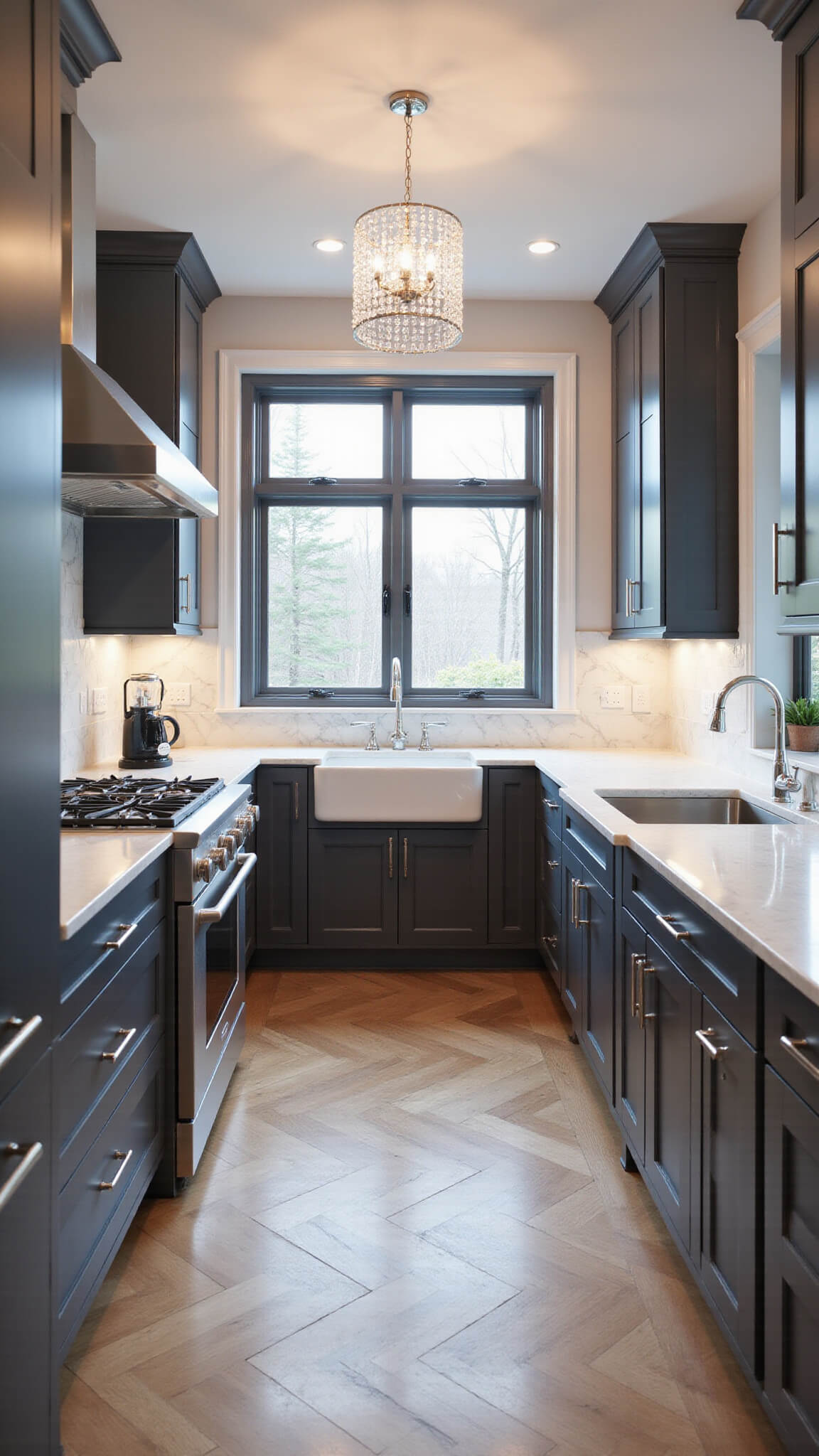 Elegant winter-themed kitchen with charcoal grey cabinets, white marble backsplash, crystal chandelier, and white oak herringbone flooring, viewed from entrance in cool morning light.