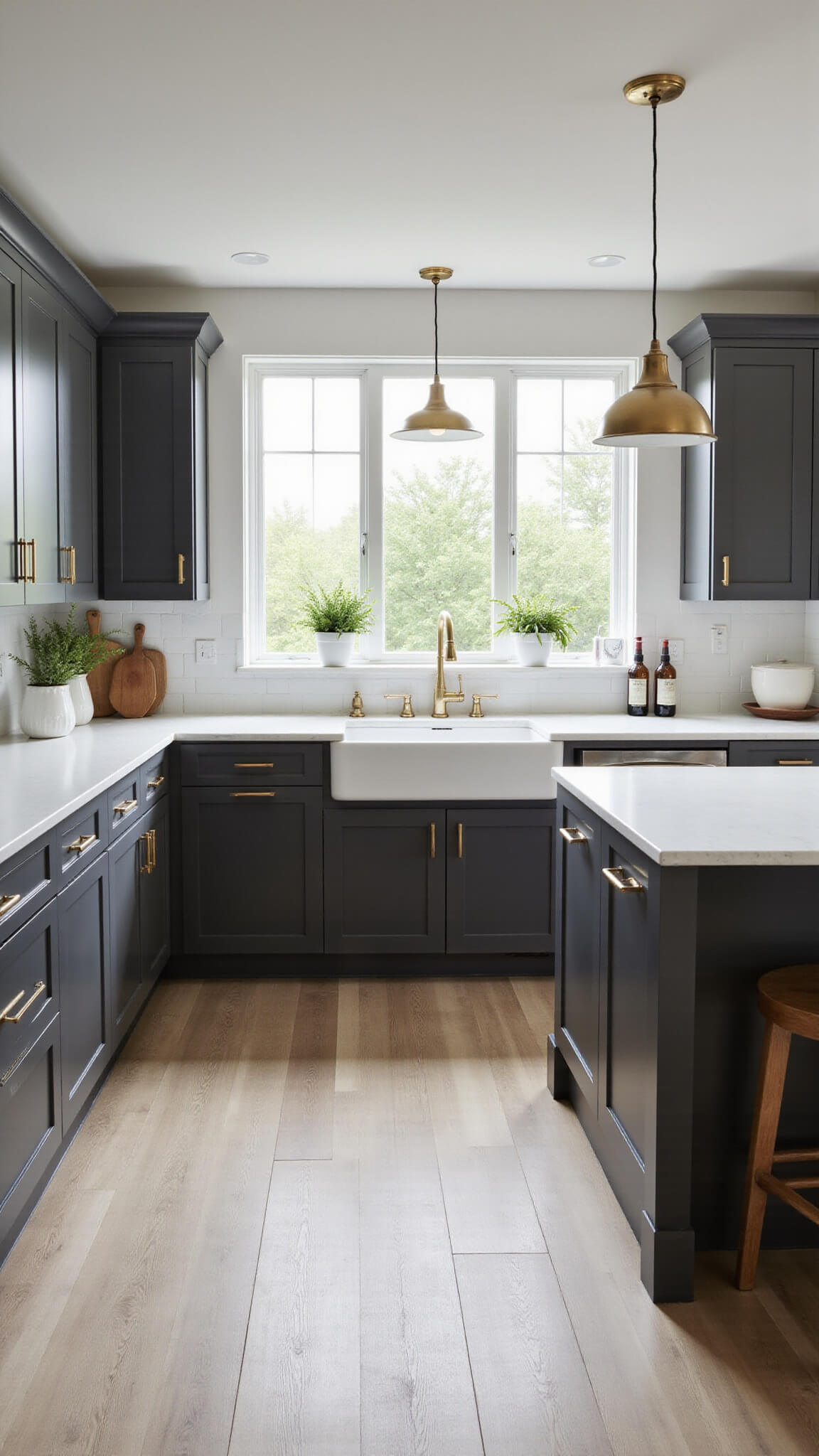 Modern kitchen with Iron Ore cabinets, gold hardware, Snow White quartz island, and floor-to-ceiling windows flooding space with morning light.