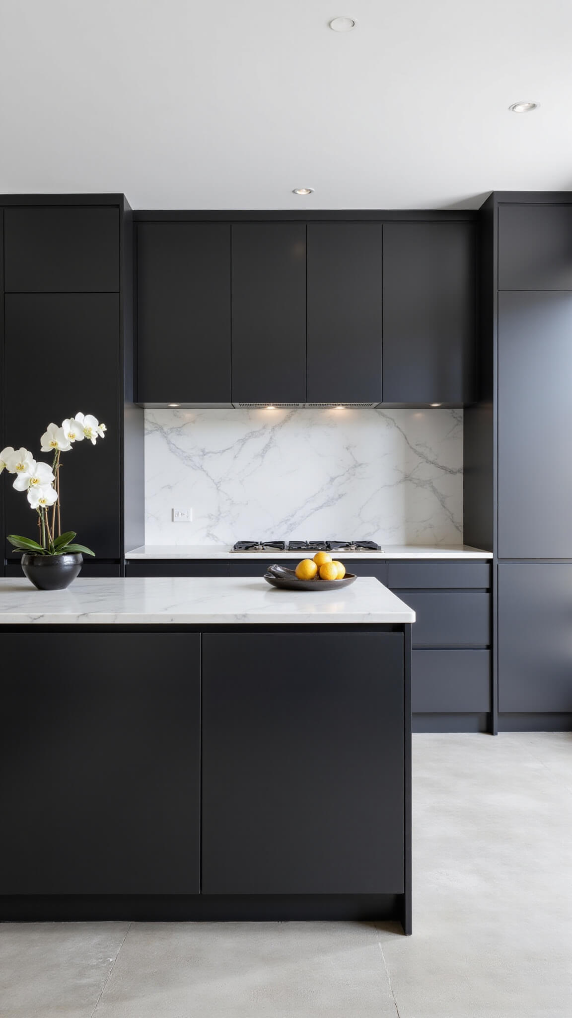 Minimalist kitchen with Iron Ore cabinets, white marble surfaces, and subtle decor in bright midday lighting.