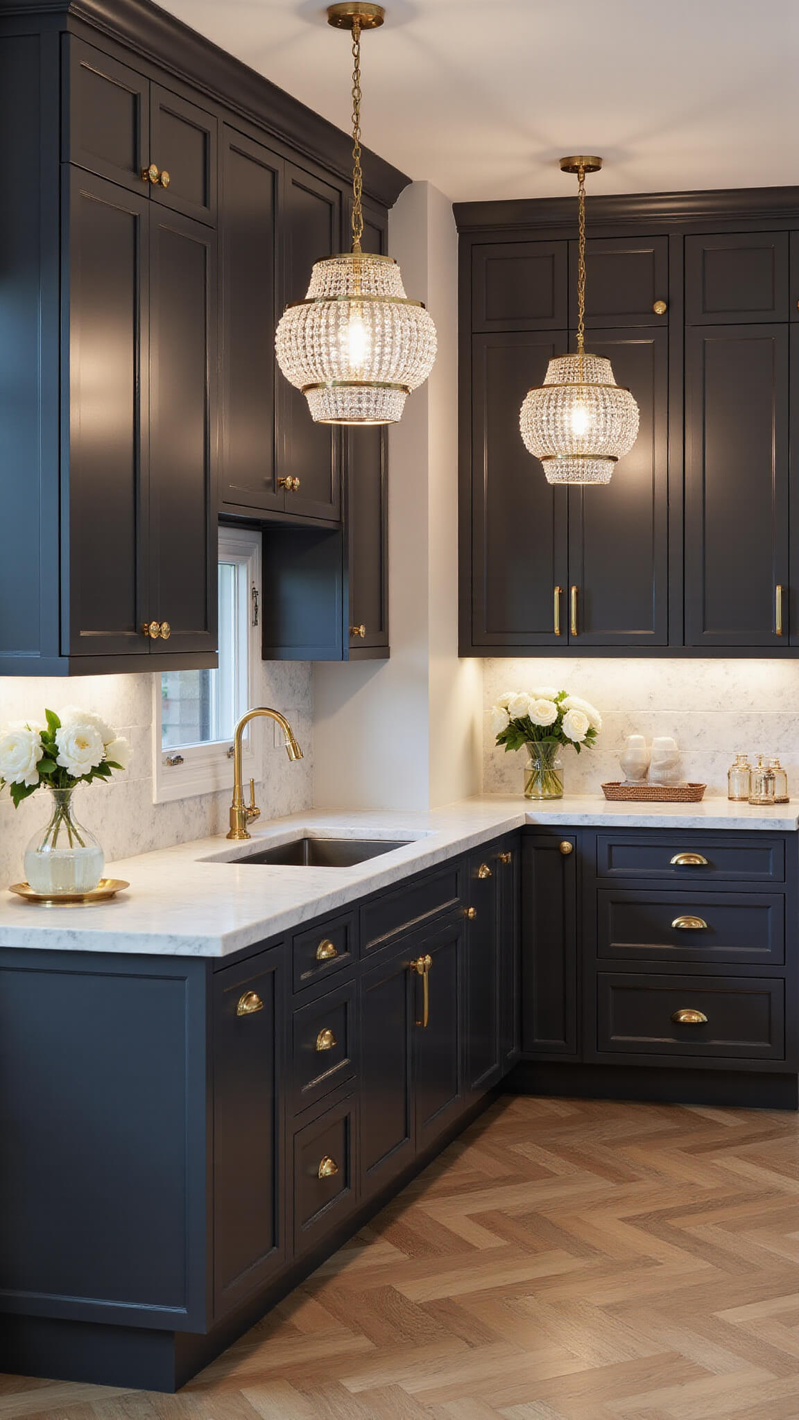 Luxury modern kitchen at dusk with Iron Ore cabinets, Calacatta marble island, crystal chandeliers, and herringbone oak floors.