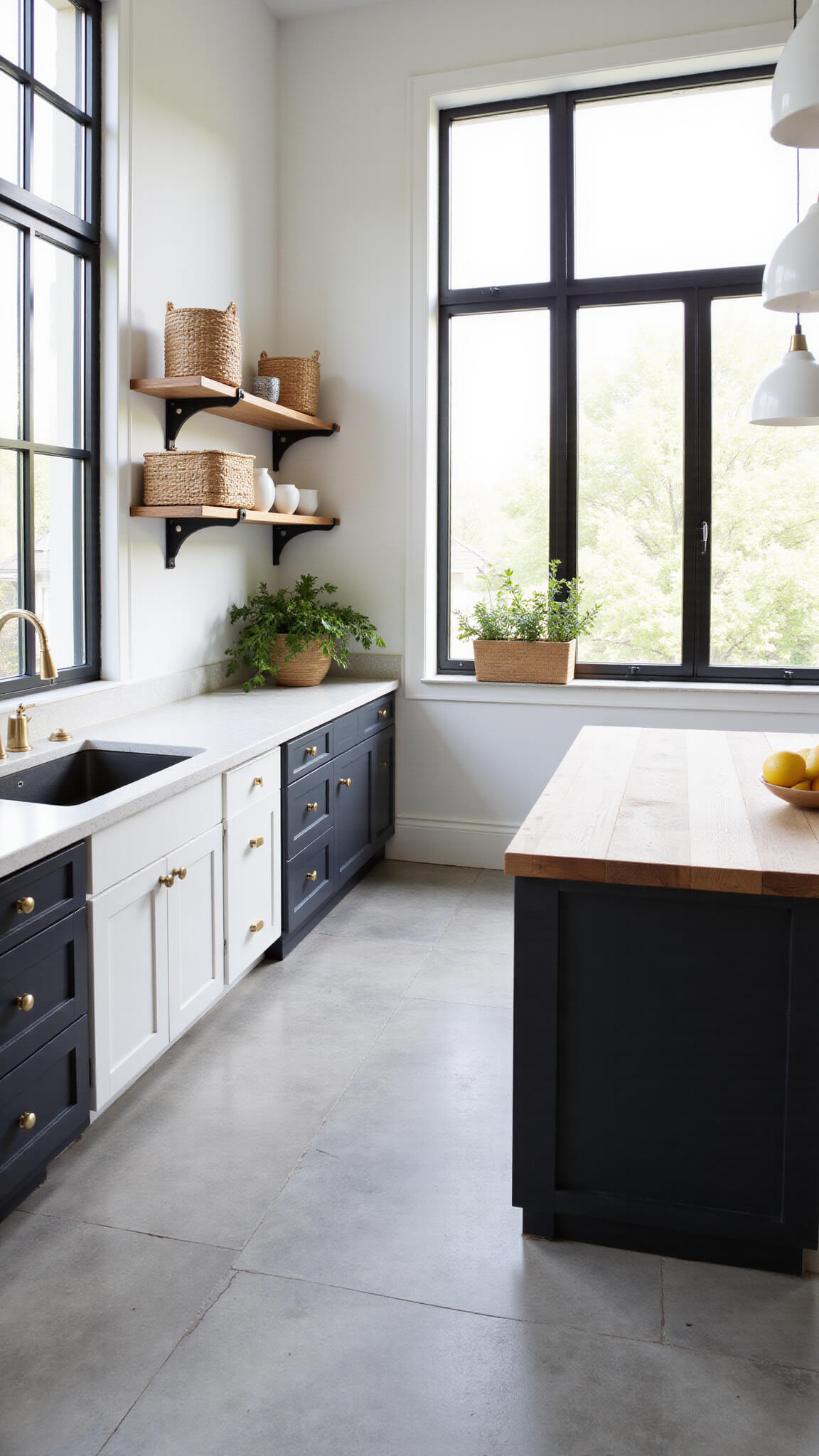 High-angle view of Scandinavian-Industrial kitchen with Iron Ore lower cabinets, white uppers, butcher block island, black-framed windows, and light gray stone flooring.