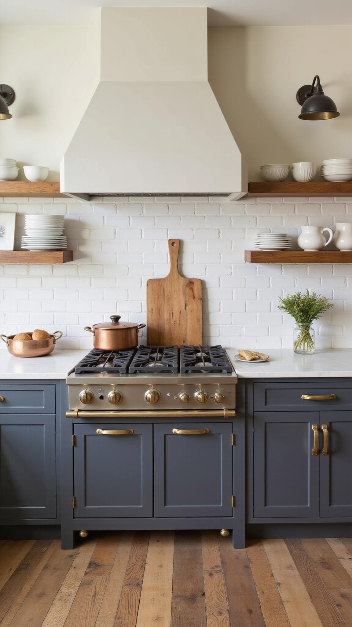 Front-facing view of a contemporary farmhouse kitchen with Iron Ore cabinets, aged brass hardware, soapstone countertops, white subway tile backsplash, vintage sconces, antique copper pots, and reclaimed wood flooring during golden hour.