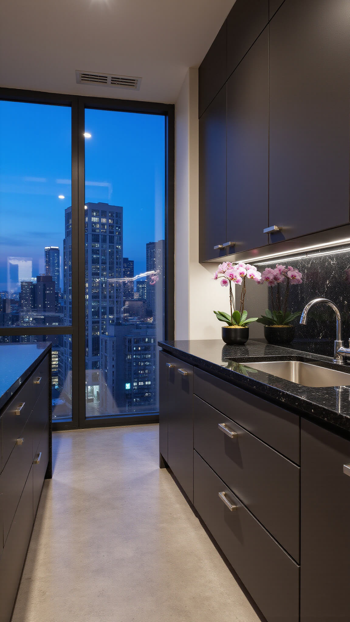 Modern penthouse kitchen at twilight with Iron Ore cabinets, black granite countertops, city light reflections, and polished concrete floors.