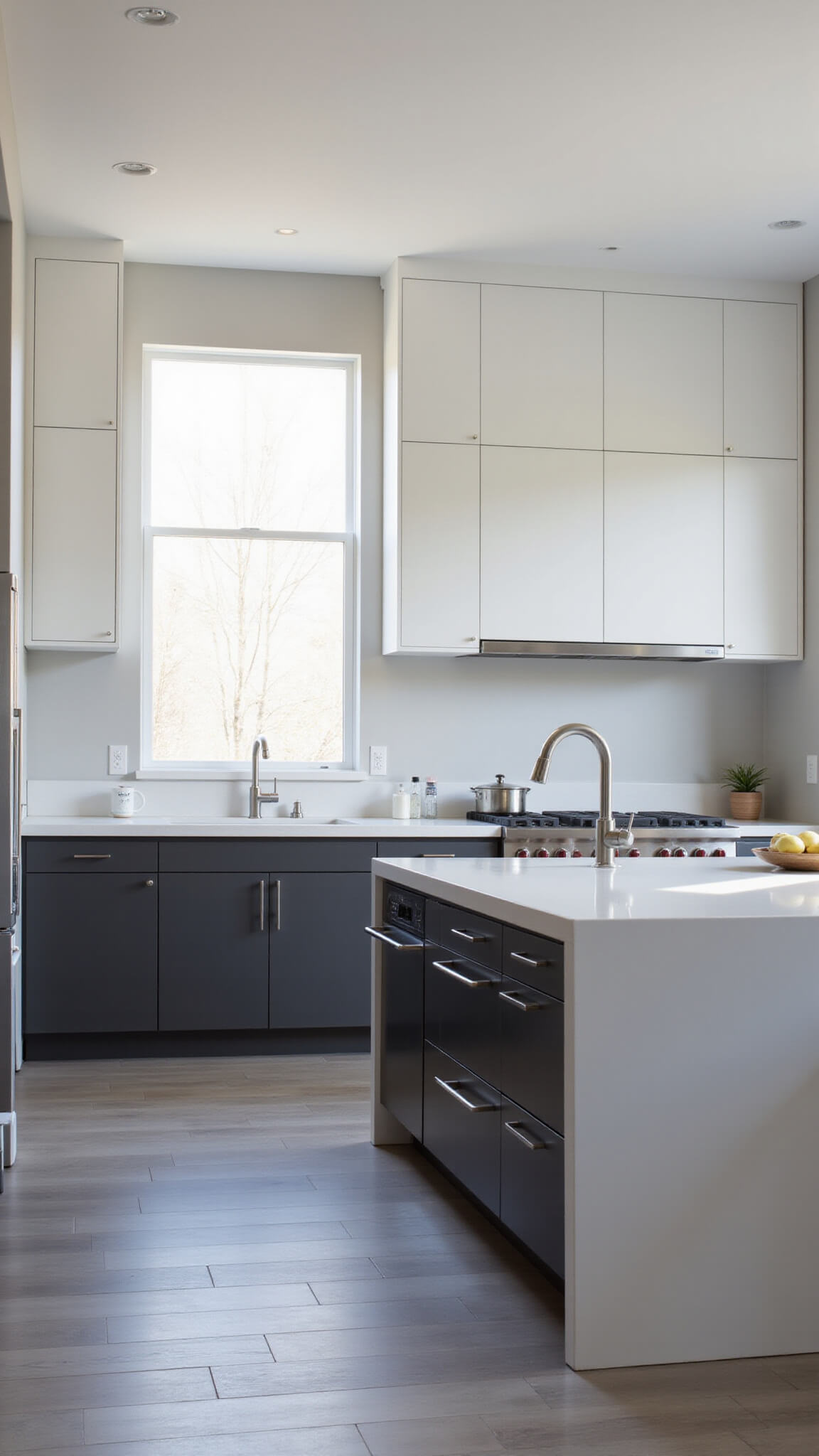 Modern minimalist kitchen with white and charcoal cabinetry, quartz waterfall island, stainless steel appliances, and early morning sunlight through sheer curtains.
