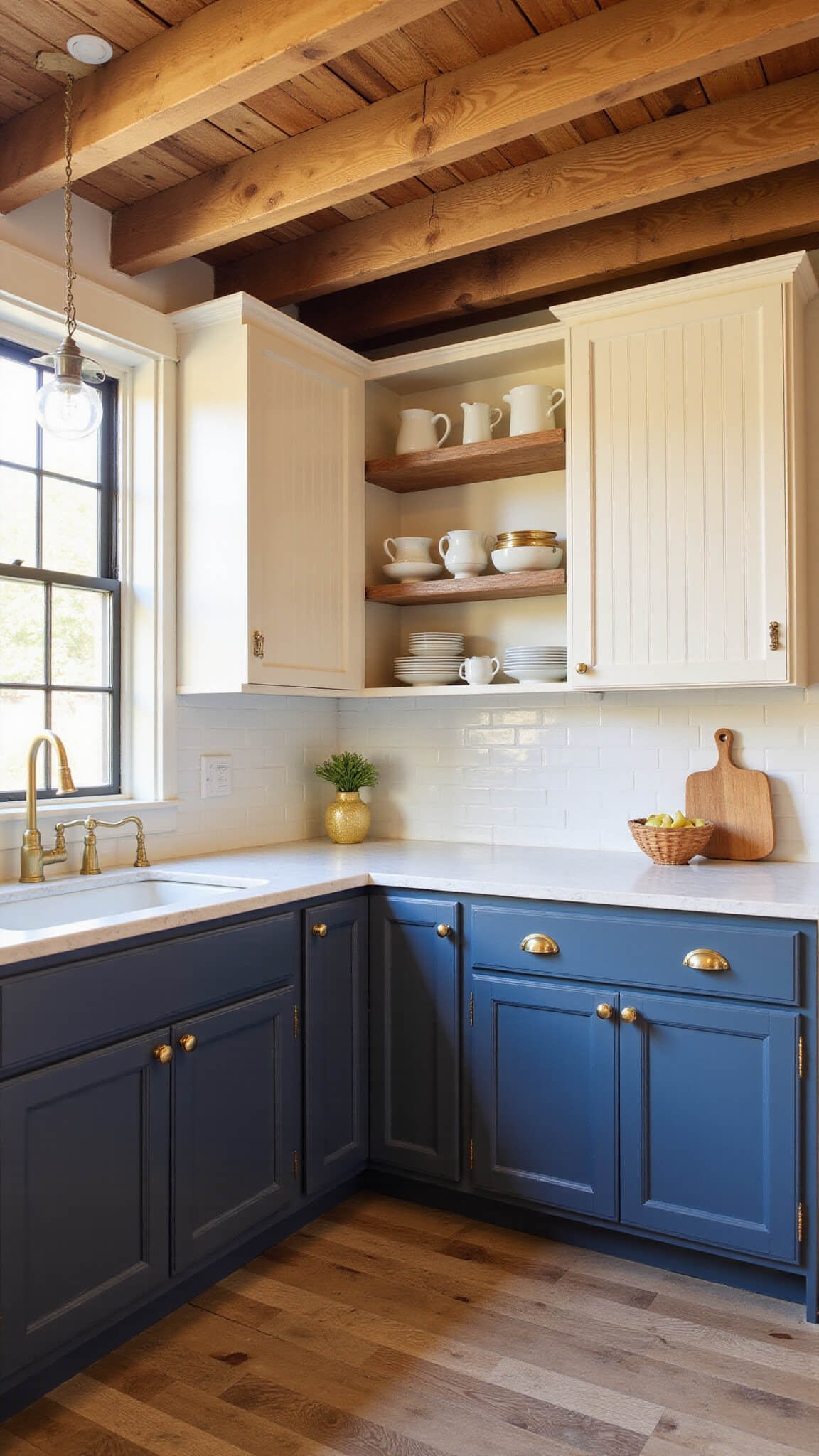 Farmhouse-style kitchen with exposed wooden beams, cream and navy cabinetry, aged brass hardware, open shelving with white pottery, reclaimed oak floors, and subway tile backsplash bathed in golden hour and warm lighting.