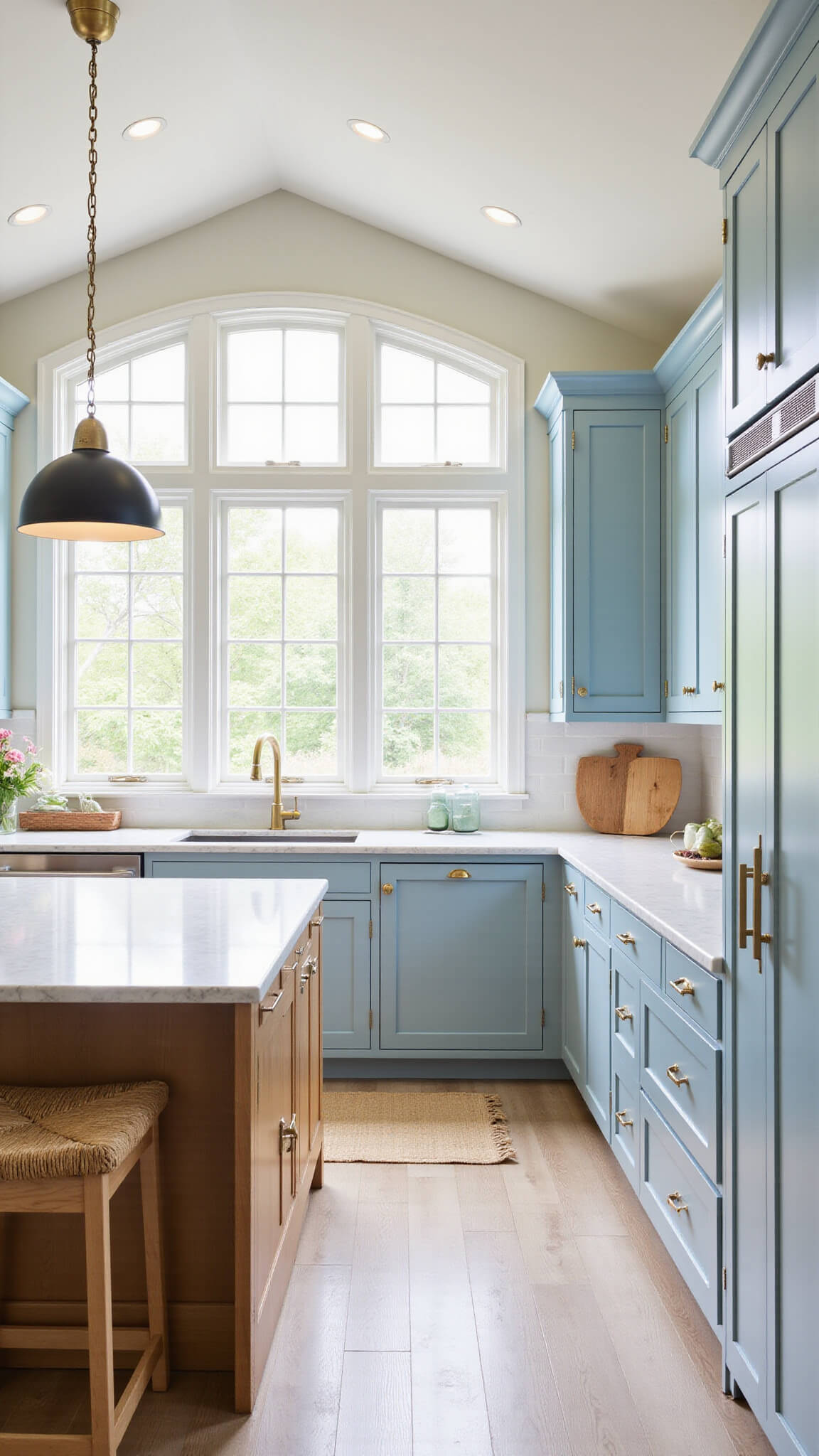 Coastal-themed kitchen with light blue and sand-colored cabinets, vaulted ceiling, bay windows, rattan lighting, seagrass barstools, and white marble countertops bathed in natural light.