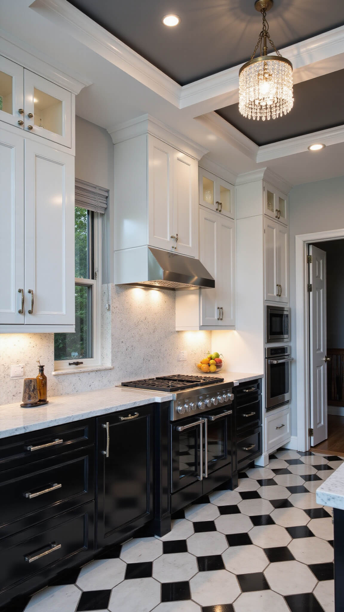 Elegant 15x20 kitchen with coffered ceiling, crystal chandelier, black and white checkered floor, high-gloss black lower cabinets, white uppers, Calacatta marble surfaces, chrome hardware, and professional appliances under dramatic evening lighting.
