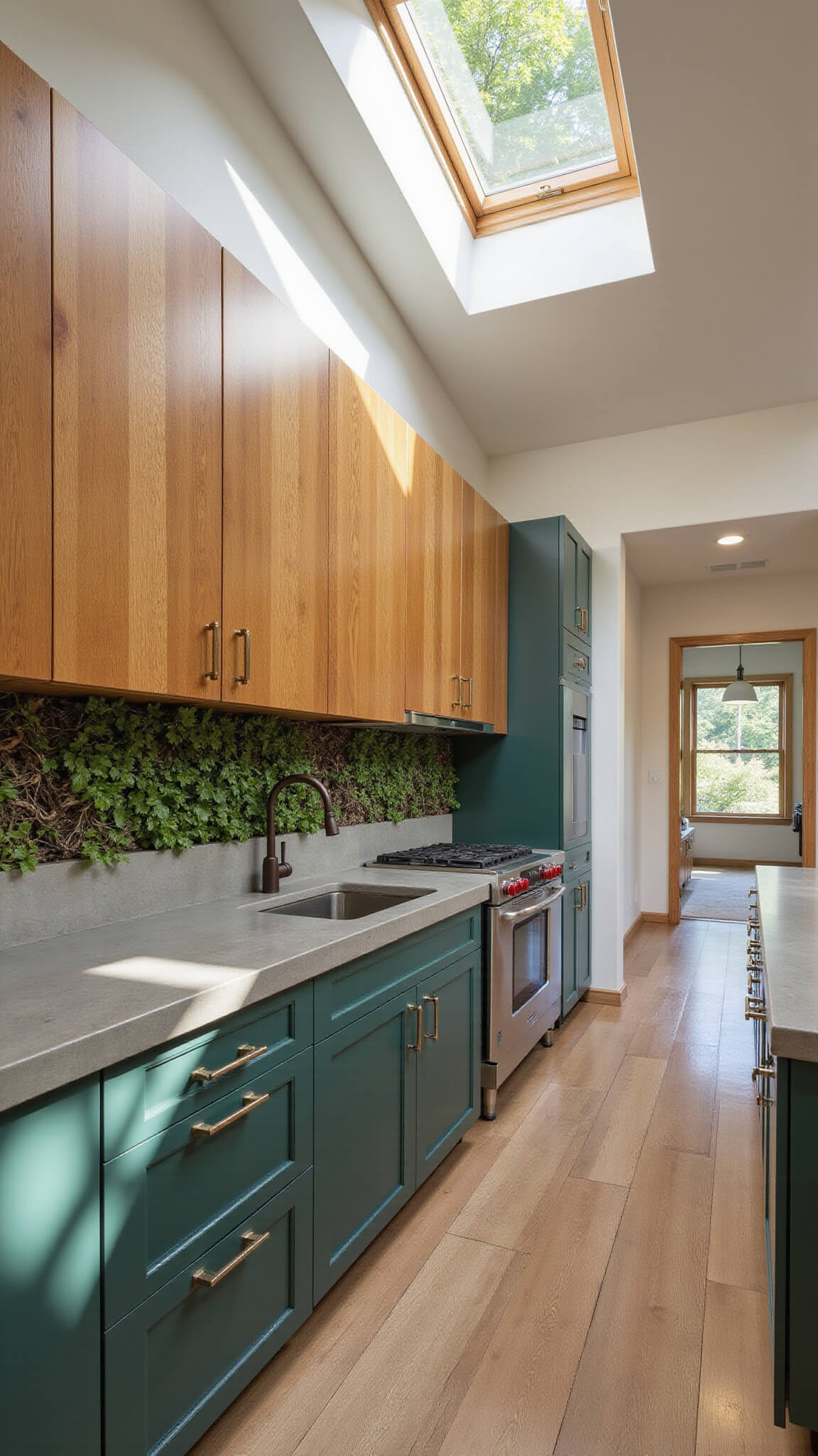 Contemporary 16x14 kitchen with forest green lower cabinets, warm vertical-grain wood uppers, concrete countertops, bronze hardware, skylights, living wall, and white oak flooring in dappled afternoon light.