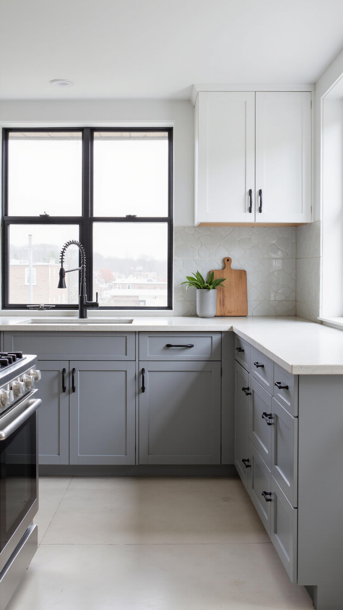 Modern gray and white kitchen with industrial windows, dove gray lower cabinets, white uppers, matte black hardware, pale gray countertops, and geometric tile backsplash in soft daylight.