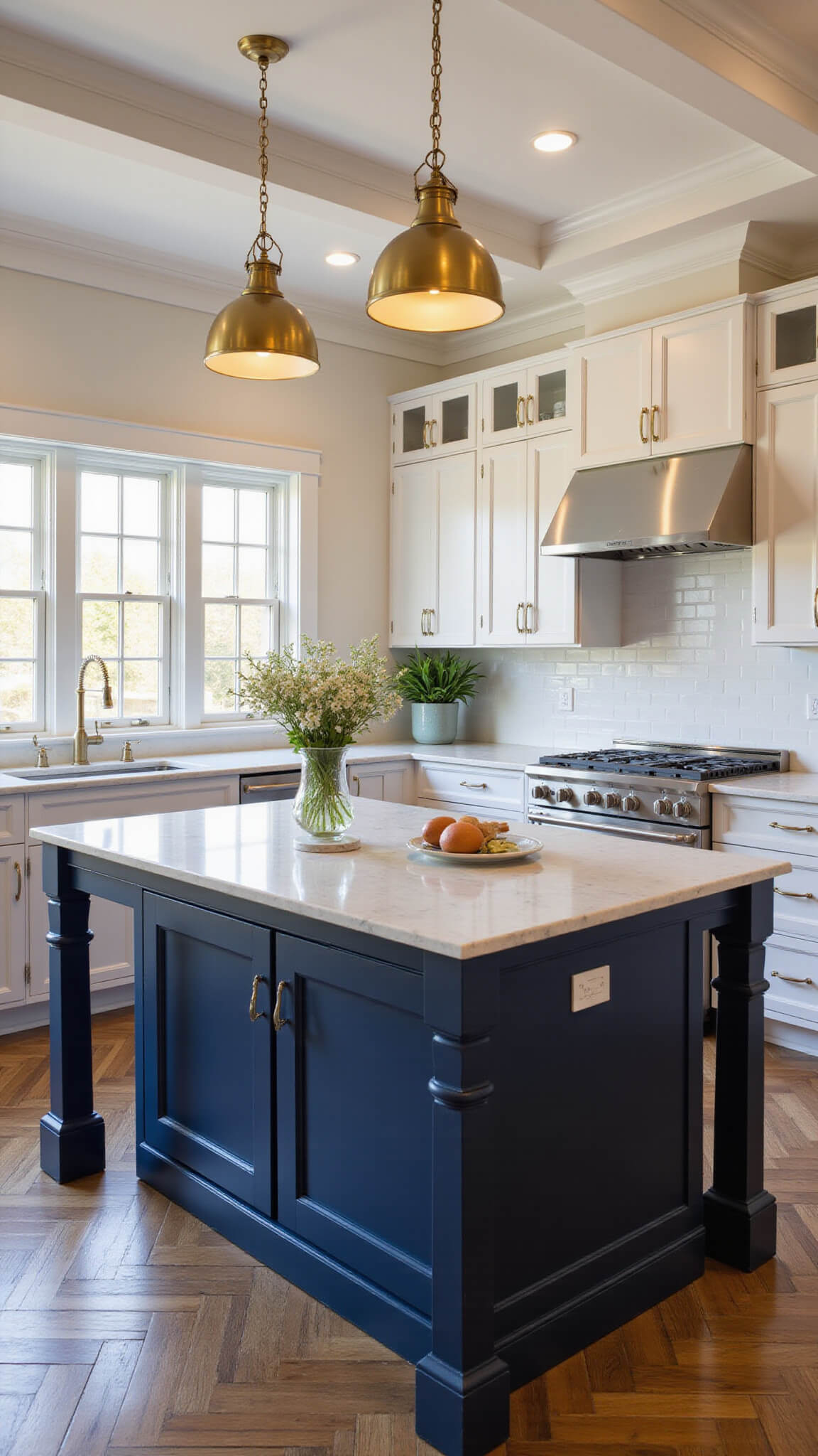 Transitional kitchen with bold navy two-tone island, soft white cabinets, brass pendants, marble countertops, and herringbone wood floors under tray ceiling in warm afternoon light.