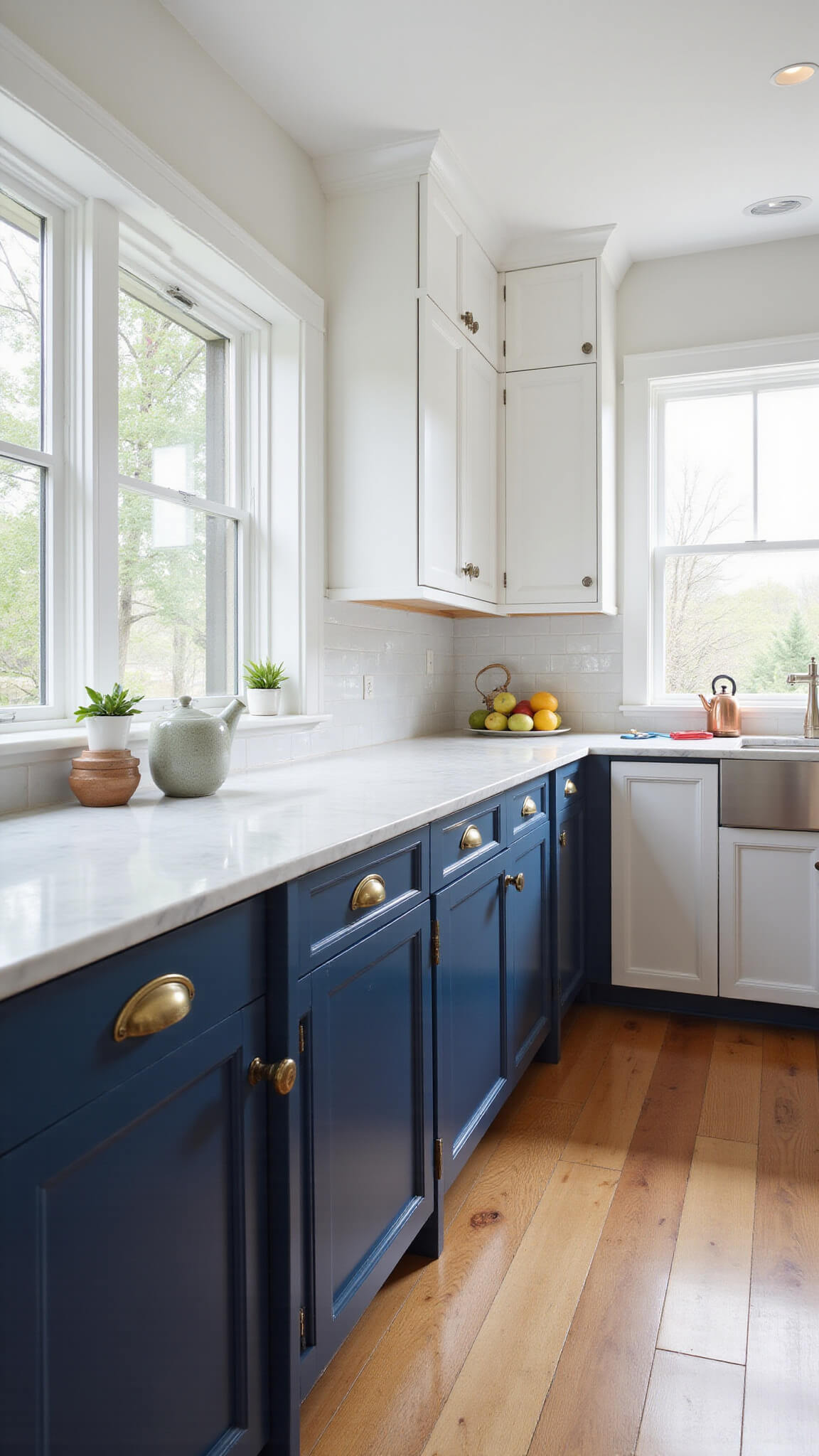 Bright 12x15ft transitional kitchen with white Shaker cabinets, navy island with brass hardware, maple floors, marble countertops, and morning sunlight streaming through large windows.