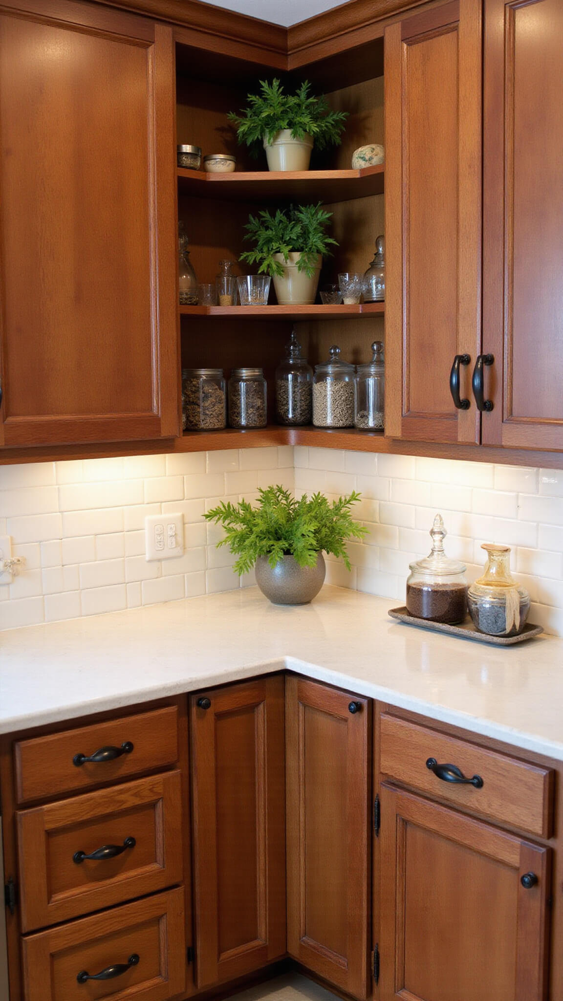 Corner kitchen at golden hour with cherry wood Shaker cabinets, oil-rubbed bronze hardware, white subway tile backsplash, and styled shelves with herbs and vintage canisters.