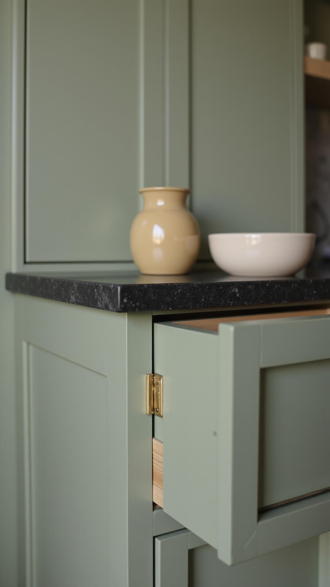 Close-up of sage green Shaker kitchen cabinets with dovetail joints, soft-close hardware, and black granite countertop under studio lighting.